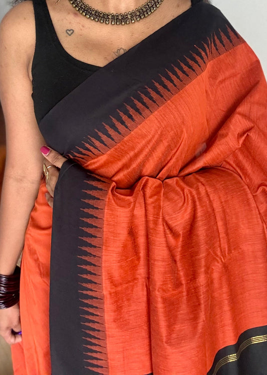 Dark orange with black temple border - cotton silk - YCCOTNOCKCS8