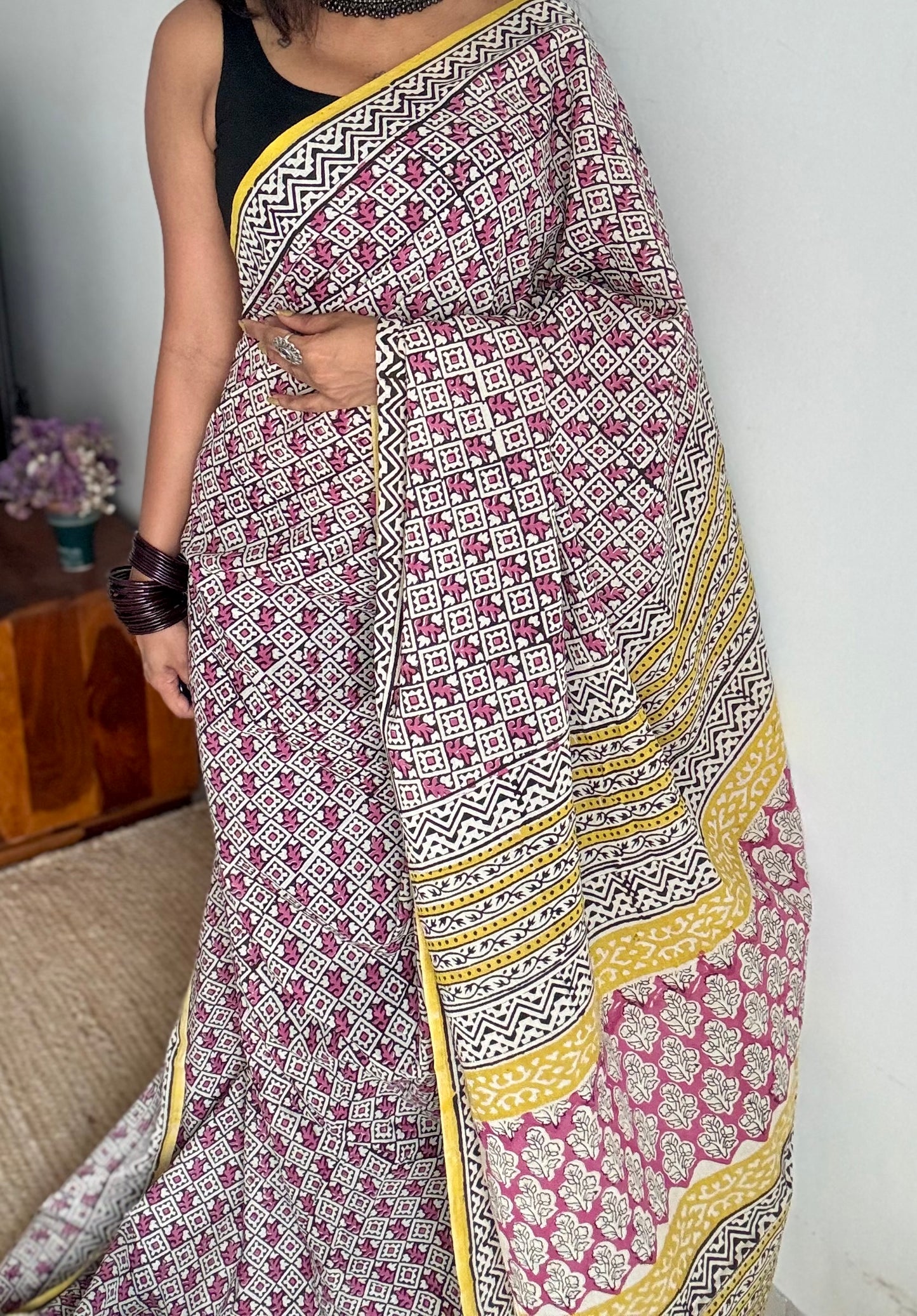 Beige with black and dusty pink checks, yellow border, block printed soft cotton saree - YCTORCMA13