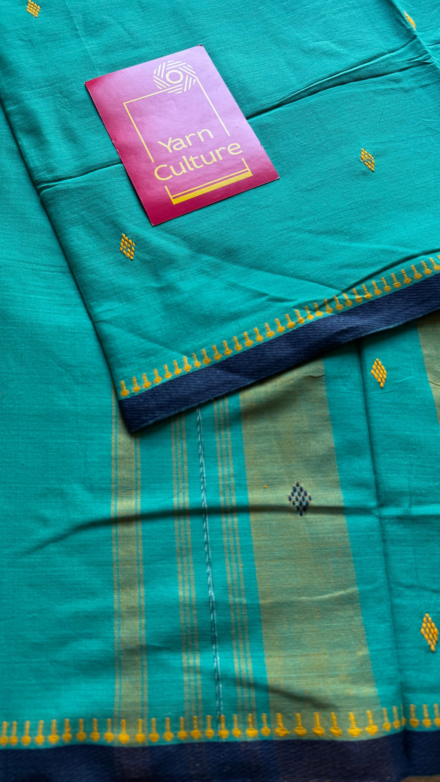 Dhonekhali handloom soft cotton saree, aqua blue with dark blue border and yellow woven buttas - YCBCDFE250