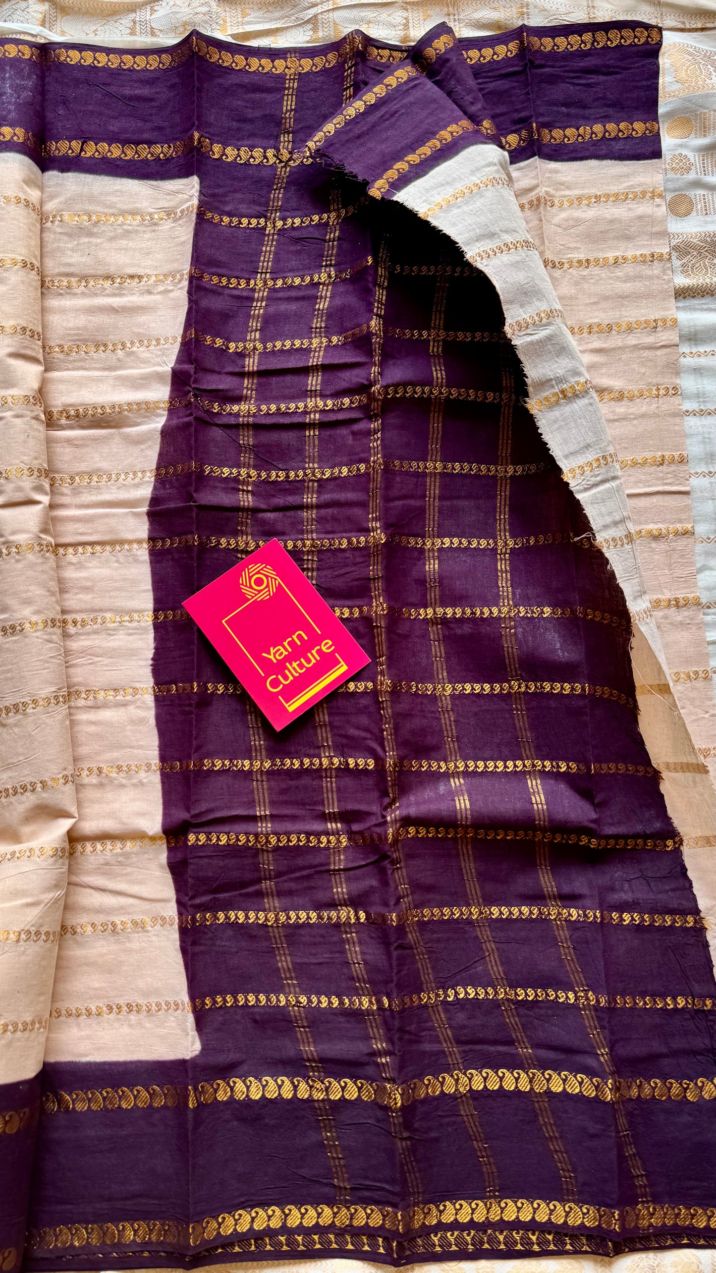 Ivory with purple brown contrast paisley sungudi, kattuchayam dyed madurai cotton - YCIEON90