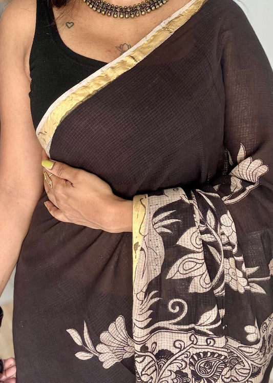 Black floral kalamkari saree in kota - YCWOTDMA356