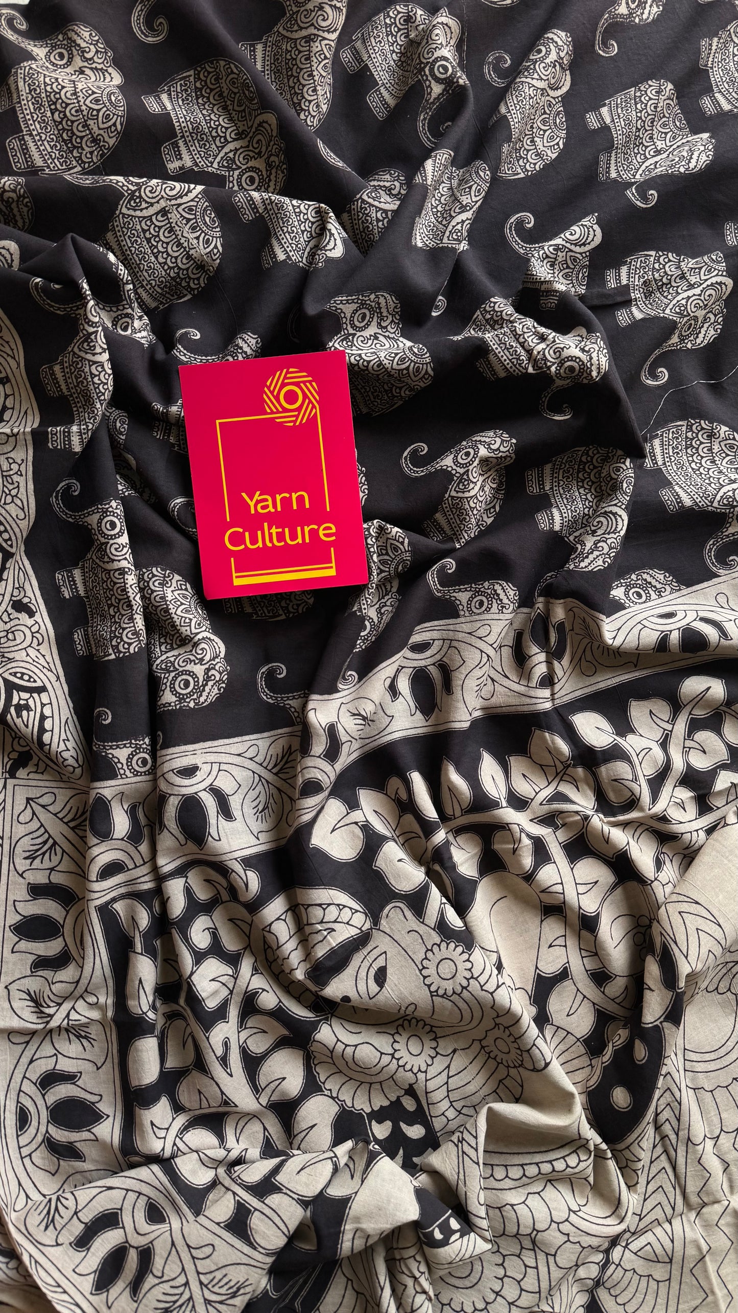 Black kalamkari saree, elephant motifs, soft cotton - YCWOTDMA349
