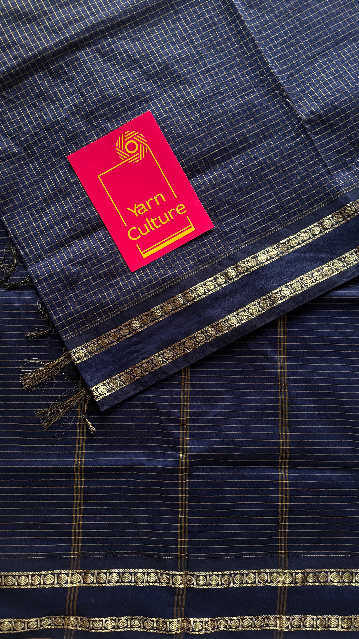 Midnight blue, arani zari checks saree, cotton silk - YCCOTNARFE48
