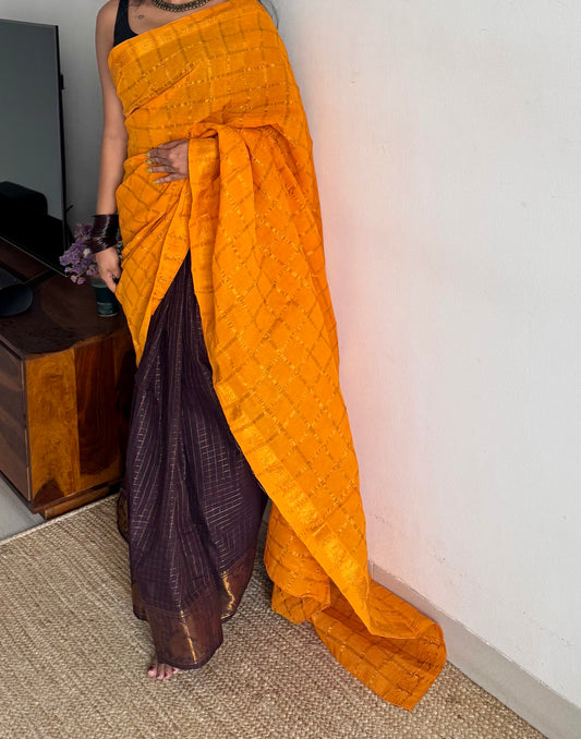 Yellow with purple brown, sungudi cotton half-half saree - YCCOTNMSFE350