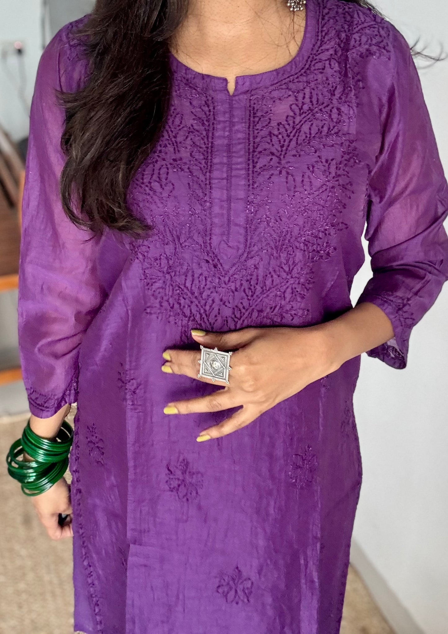 Purple muslin chanderi chikankari with bakhiya work, stitched kurta, round neck, three fourth sleeves - YCSECK25