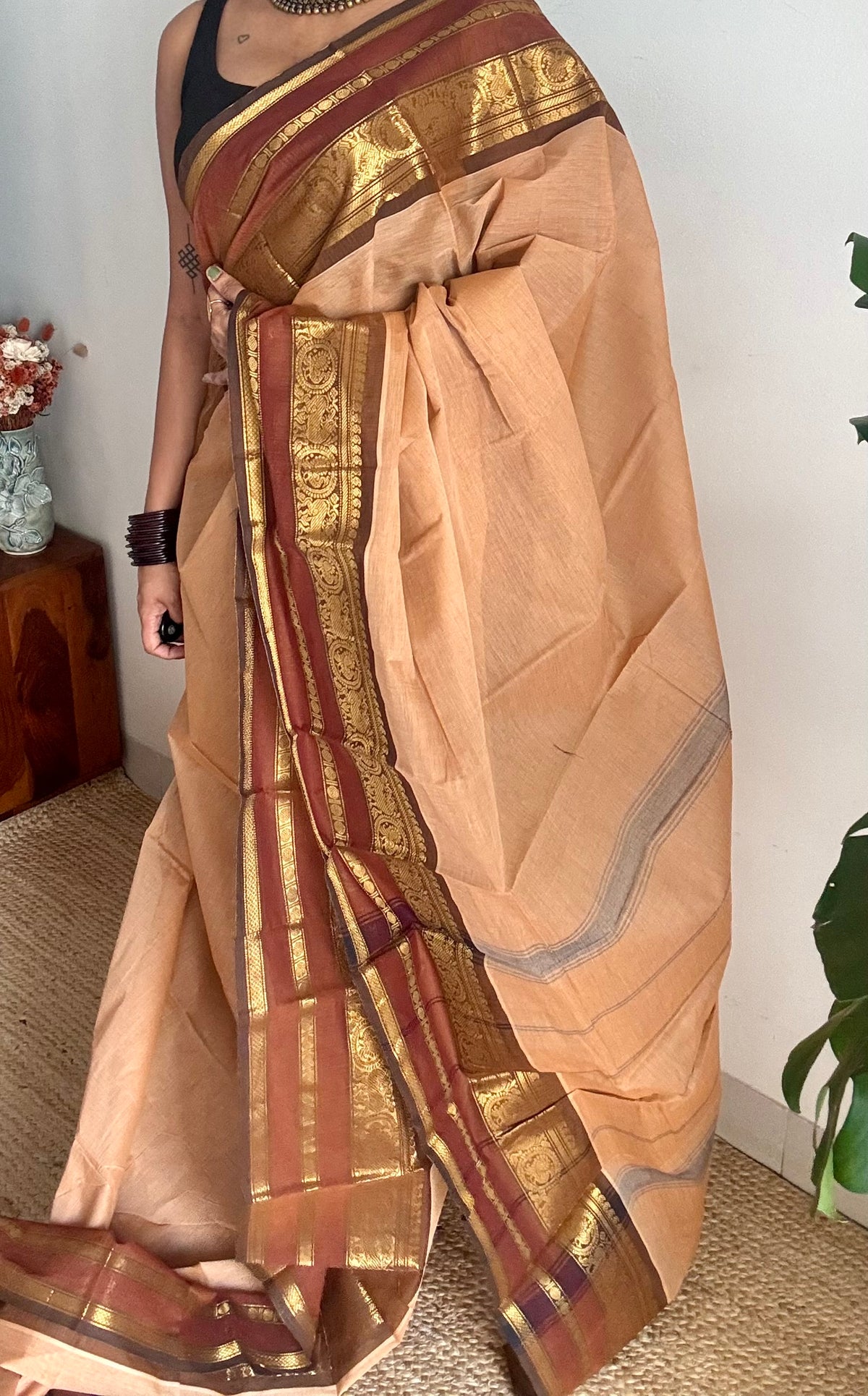 Sandal with brown gap zari border, chettinad cotton saree - YCCOTNCCOC120