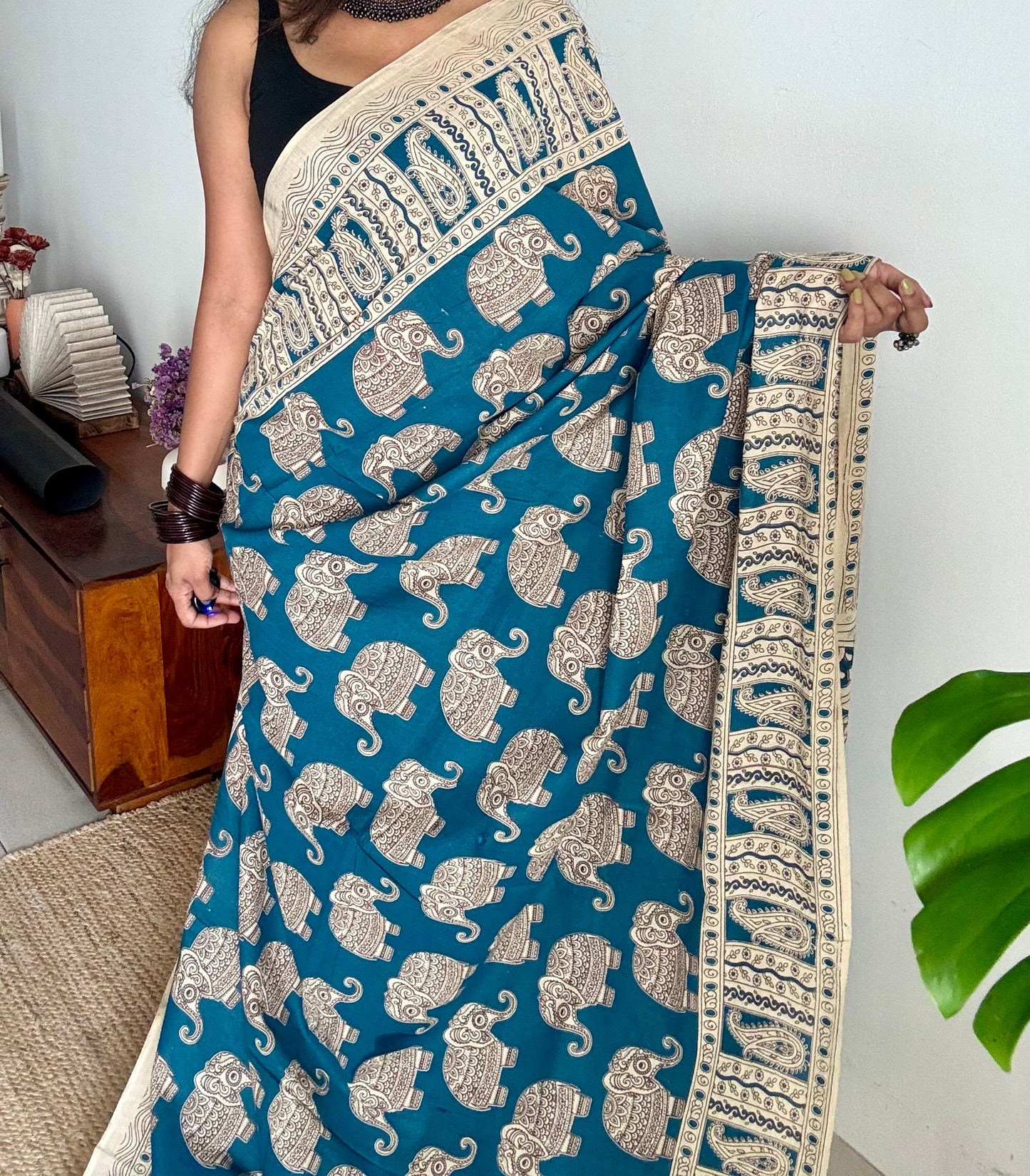 Peacock blue kalamkari saree, elephant motifs, soft cotton - YCWOTDMA350
