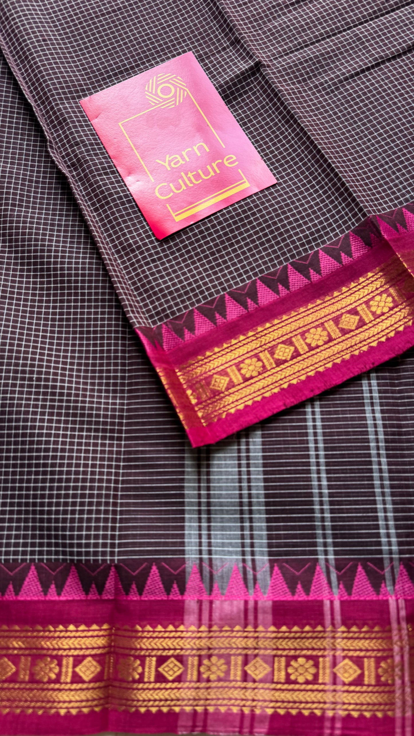 Dark brown with pink contrast, checkered kanchi cotton saree - YCCOTNJU18