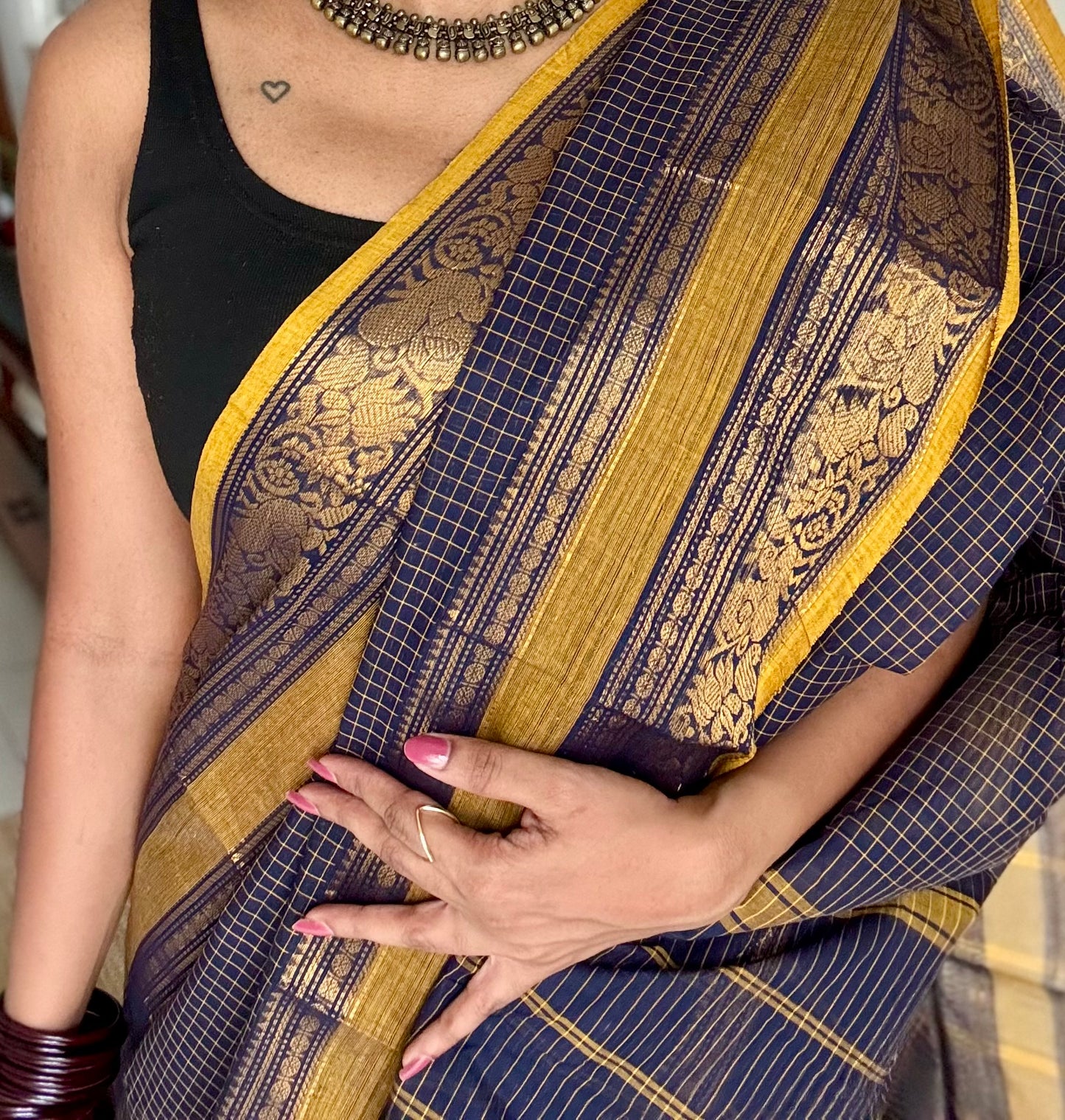 Kanchi cotton saree, dark blue checks with korvai border - YCCOTNAP72