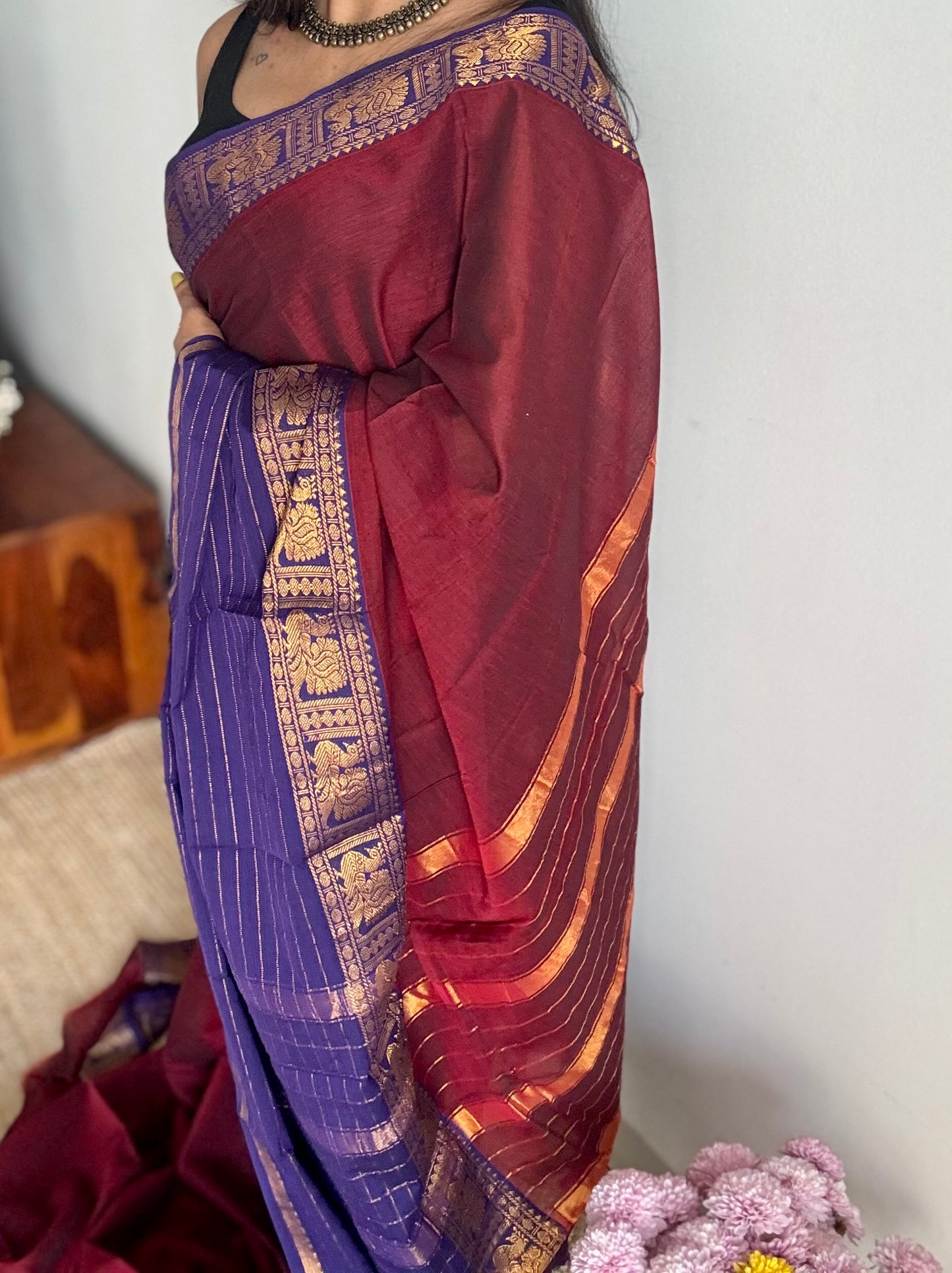 Maroon with violet border, premium narayanpet soft cotton - YCWOTDNPNO80