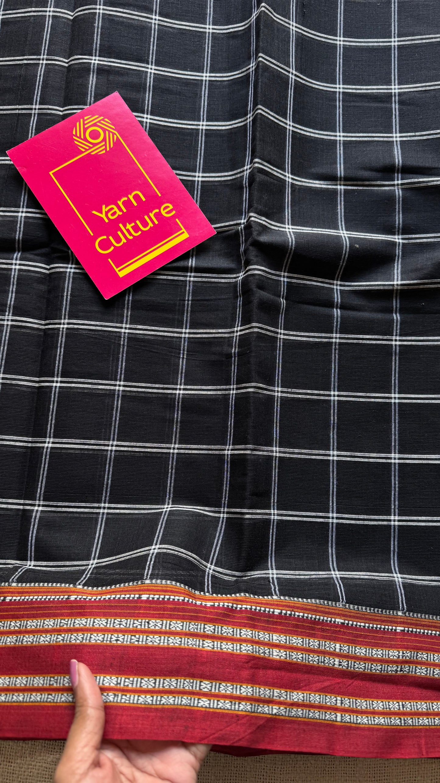 Black and white checks with red border, ilkal, soft cotton - YCLOKC223