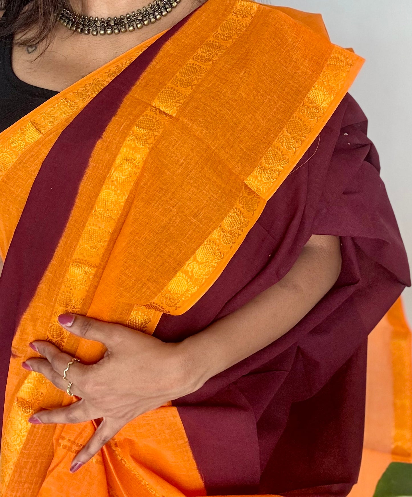 Maroon with light orange rettaipettu peacock double border, madurai soft cotton - YCCOTNMSAP205