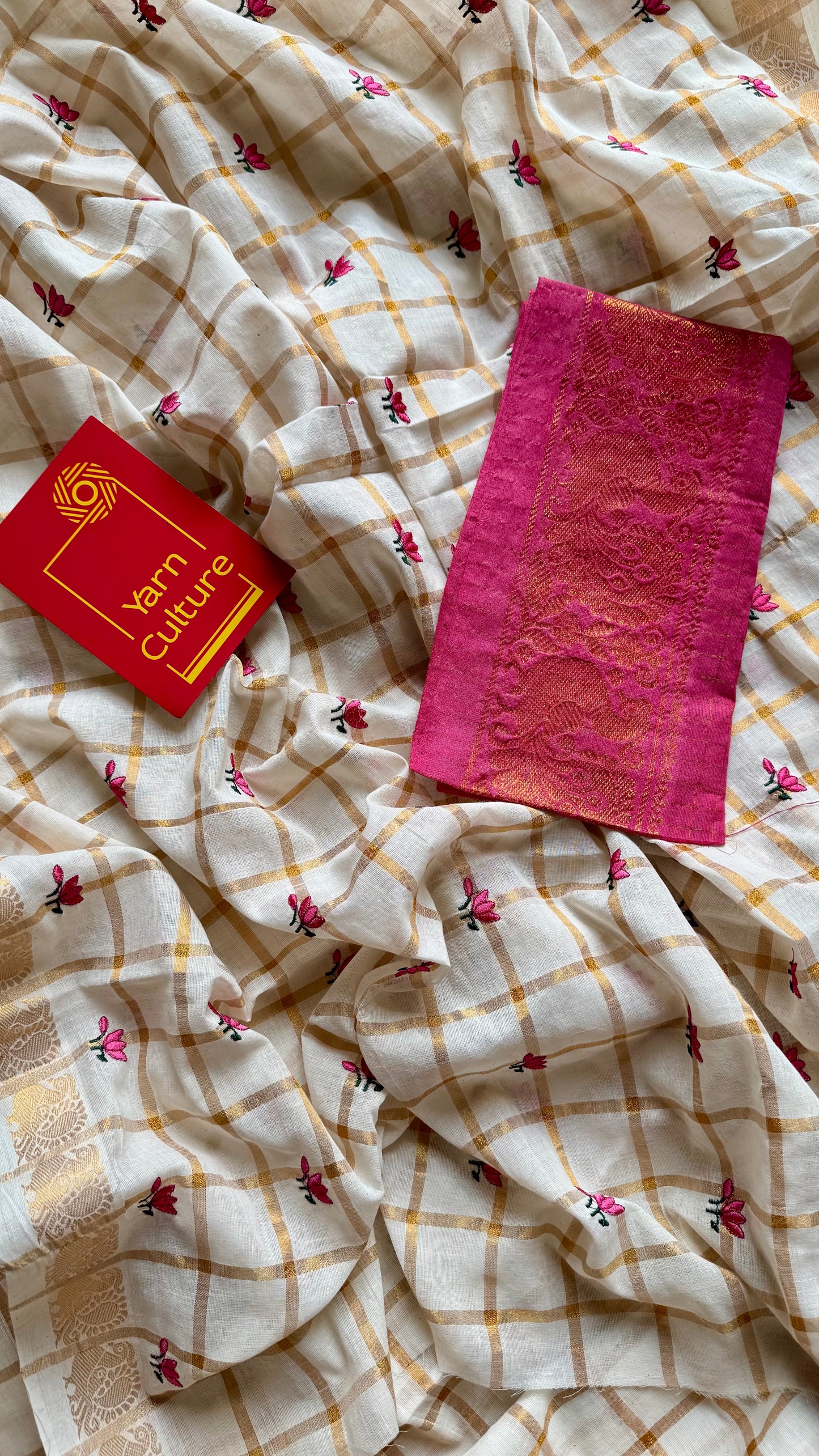 Sradha : Thaamara Kattam - pink lotus embroidery, ivory & gold, soft cotton - YCIEON167