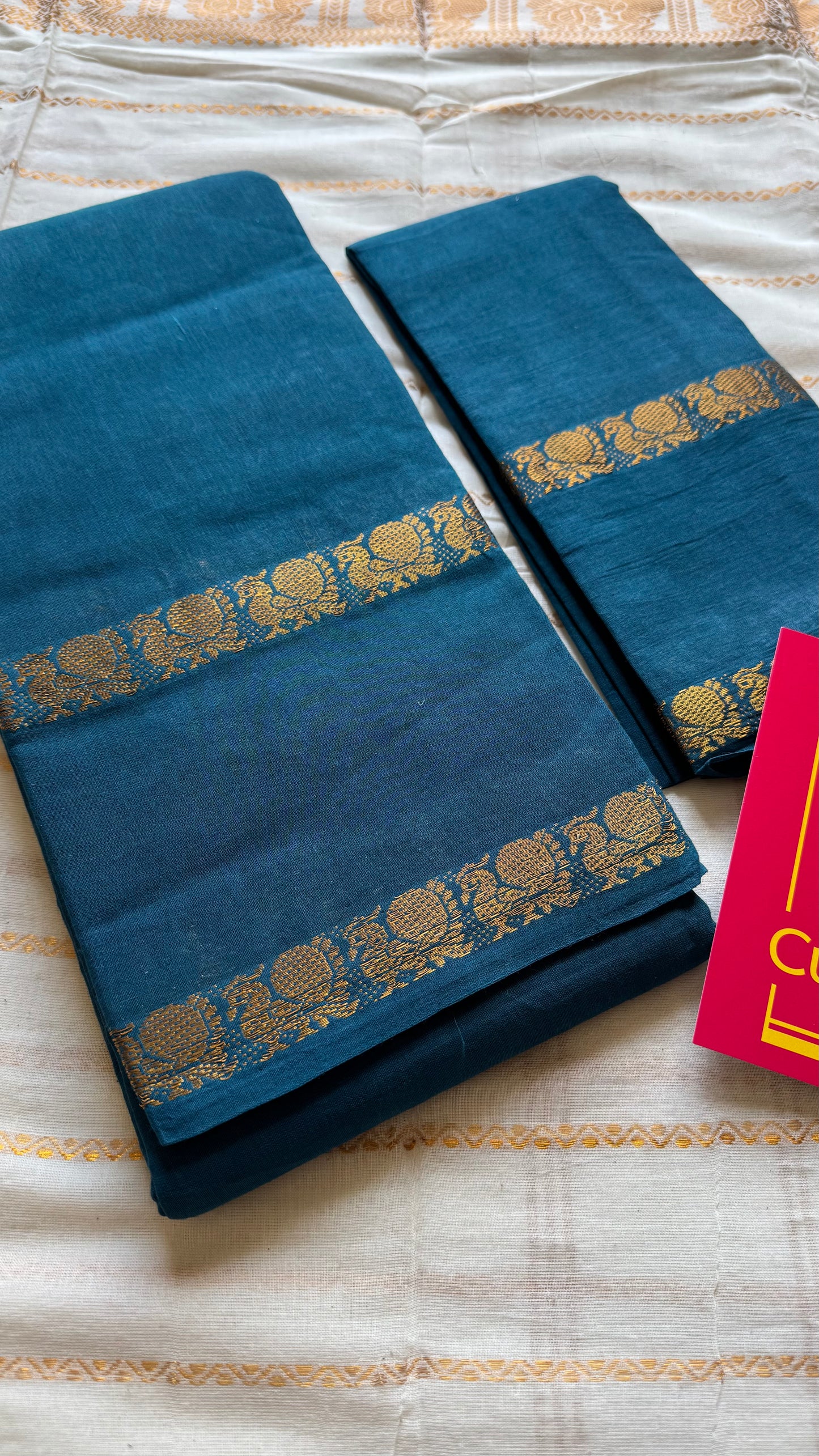 Peacock blue/teal rettaipettu peacock double bordered, kattuchayam dyed madurai cotton saree - YCTORKDJU30