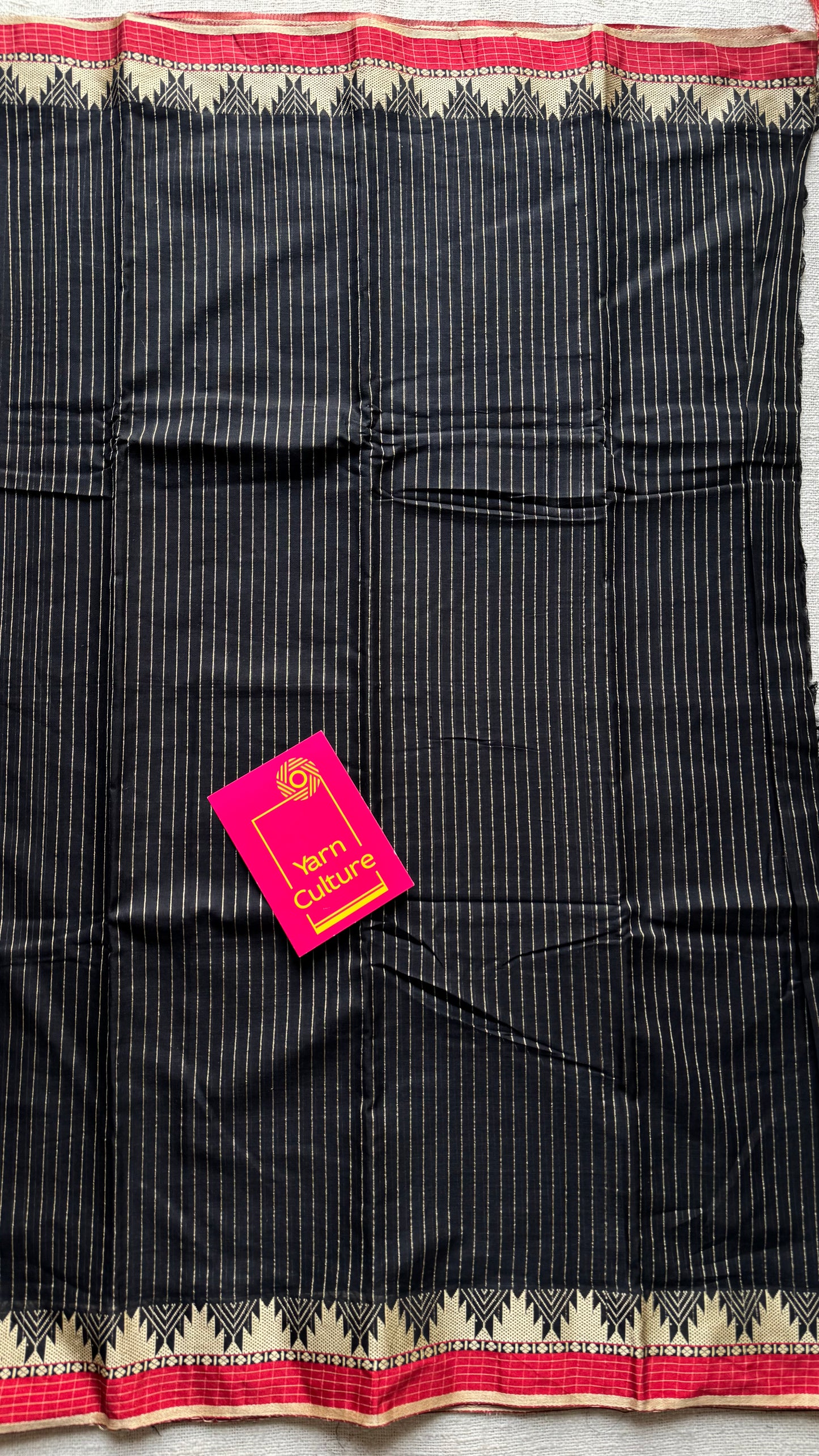 Black striped premium narayanpet soft cotton, with temple motif and checkered border - YCWOTDNPNO82