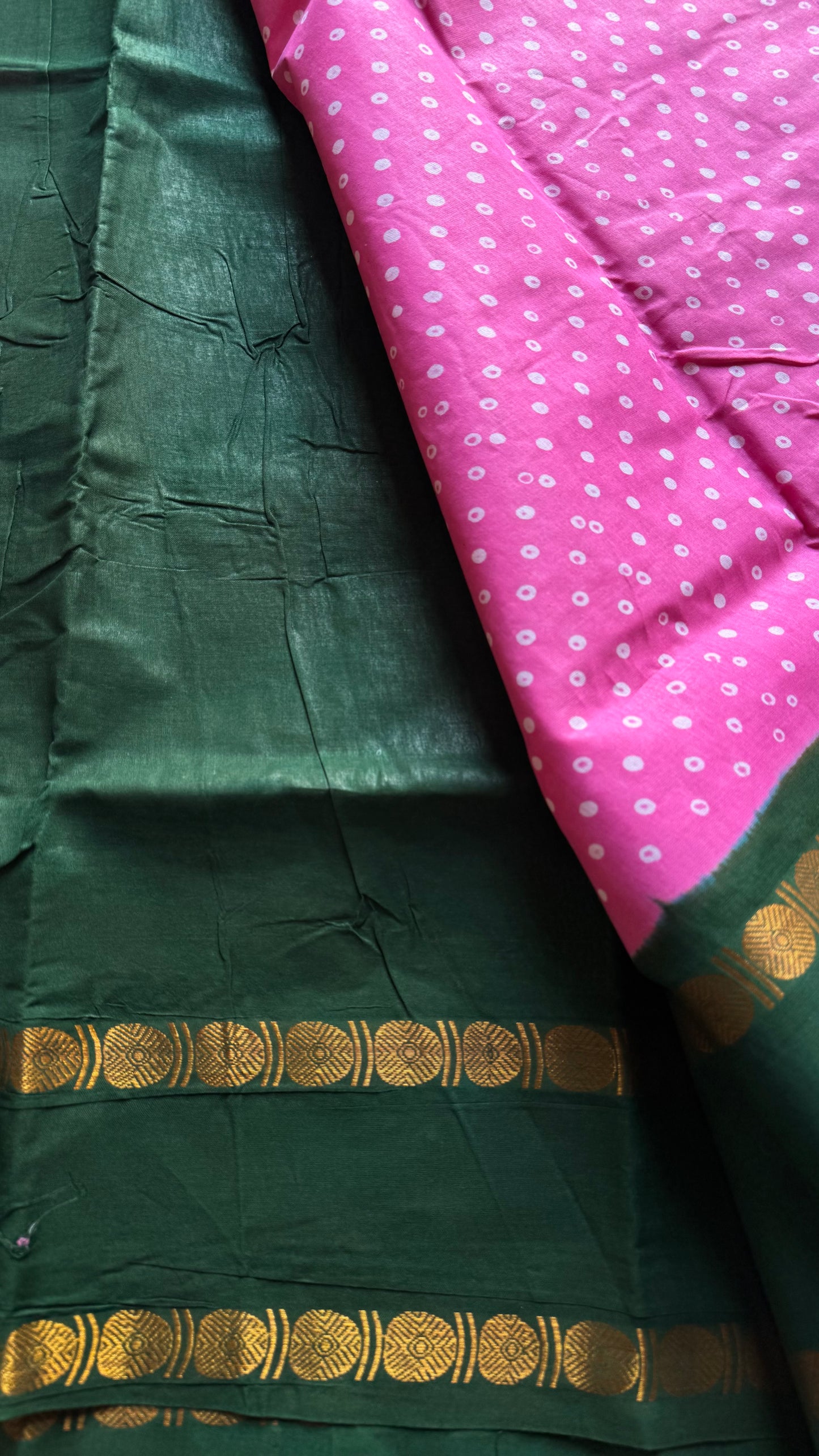 Baby pink with green printed sungudi, madurai cotton - YCCOTNSUDE102