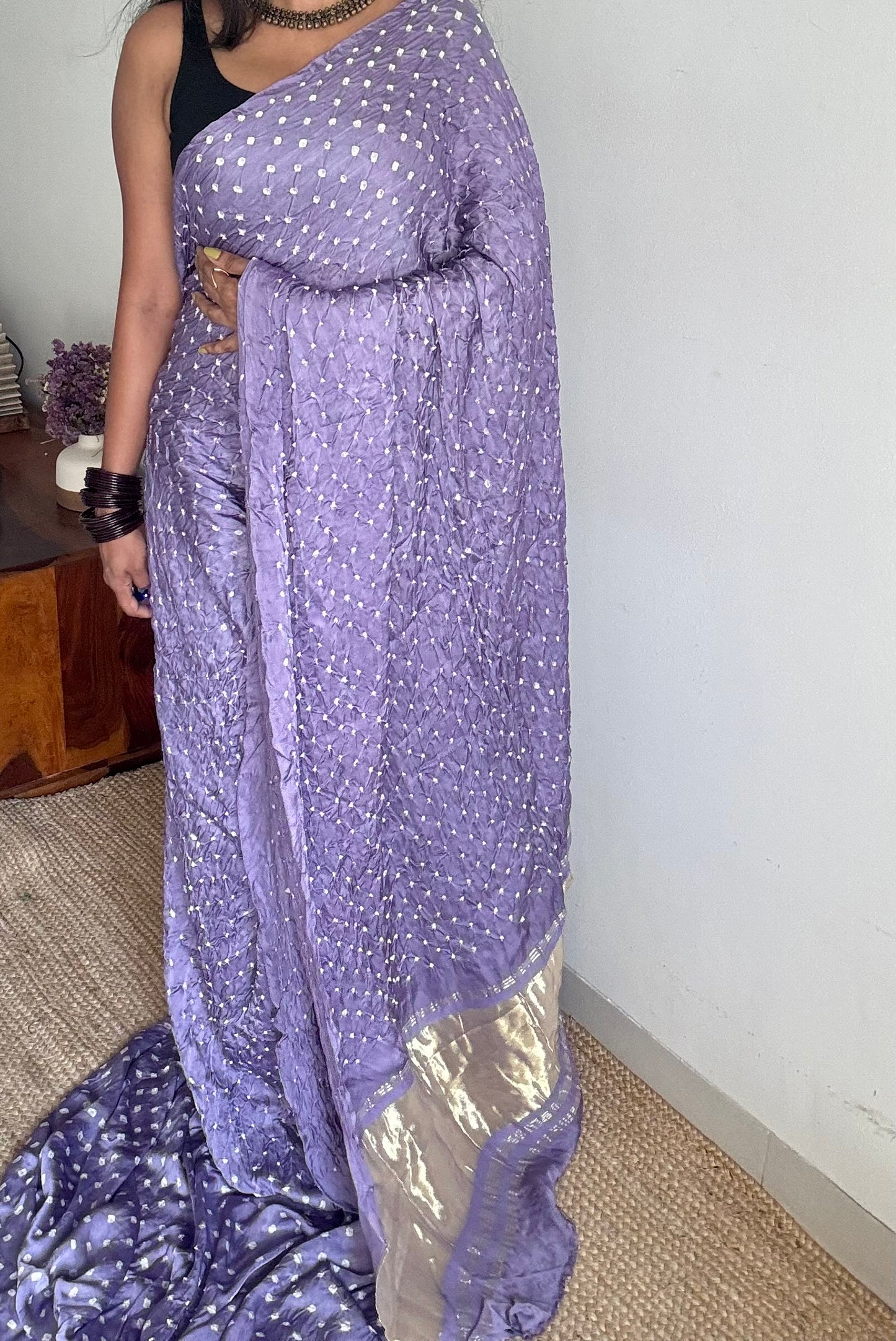 Lavender, crushed bandhej pure modal silk saree with lagdi patta zari pallu - YCTOKBM331