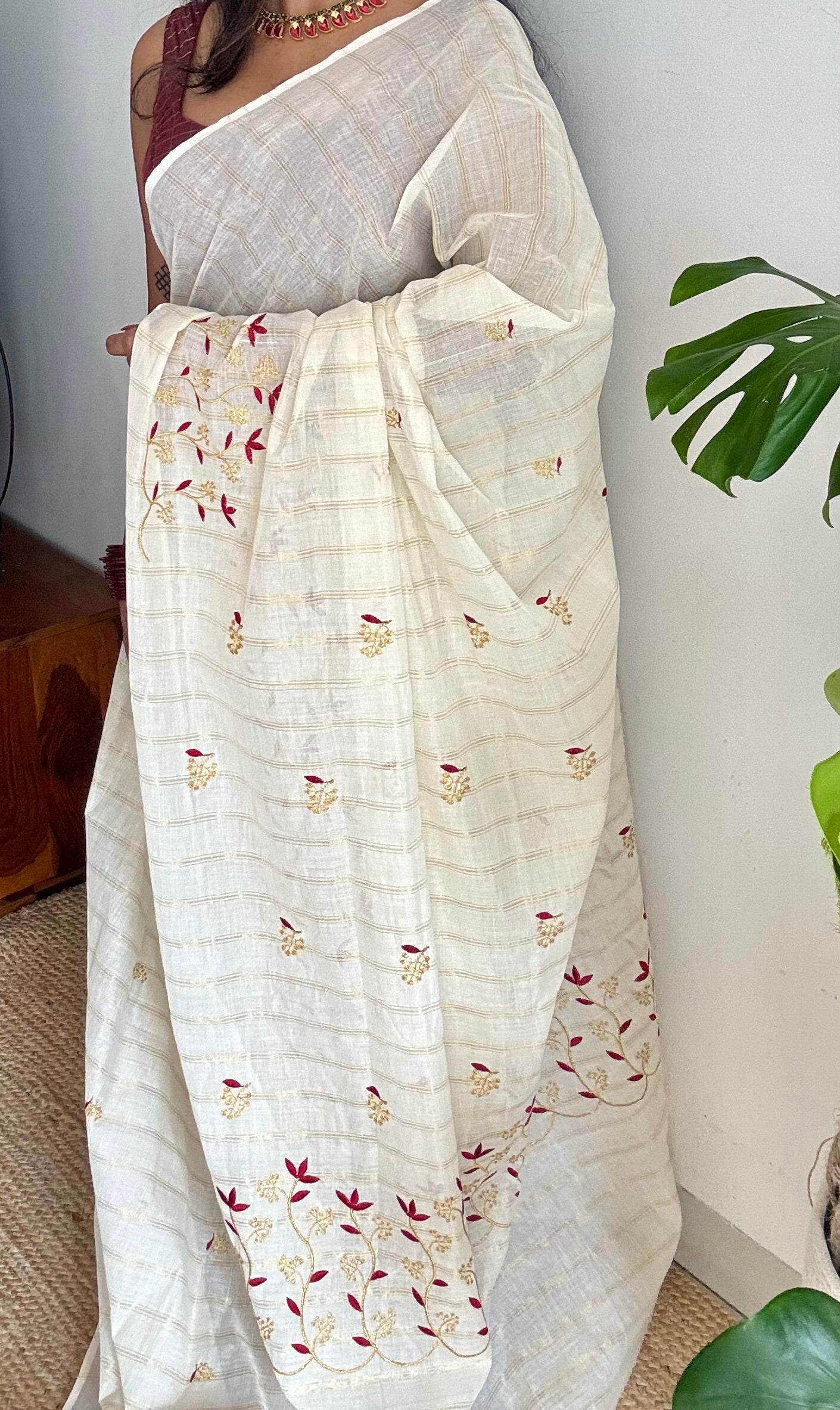 Ivory and gold soft cotton saree, maroon floral vine embroidery  - YCIEON58