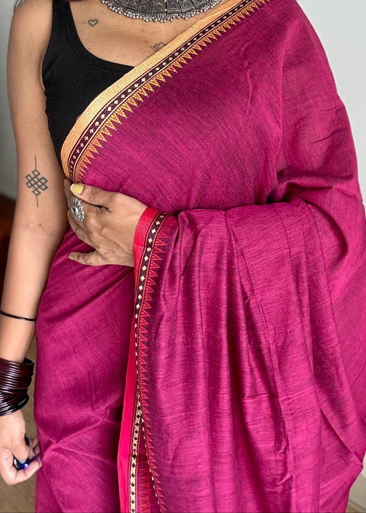 Handloom Bengal soft cotton saree, ruby with cream and red woven dual tone borders - YCBCMCSE43