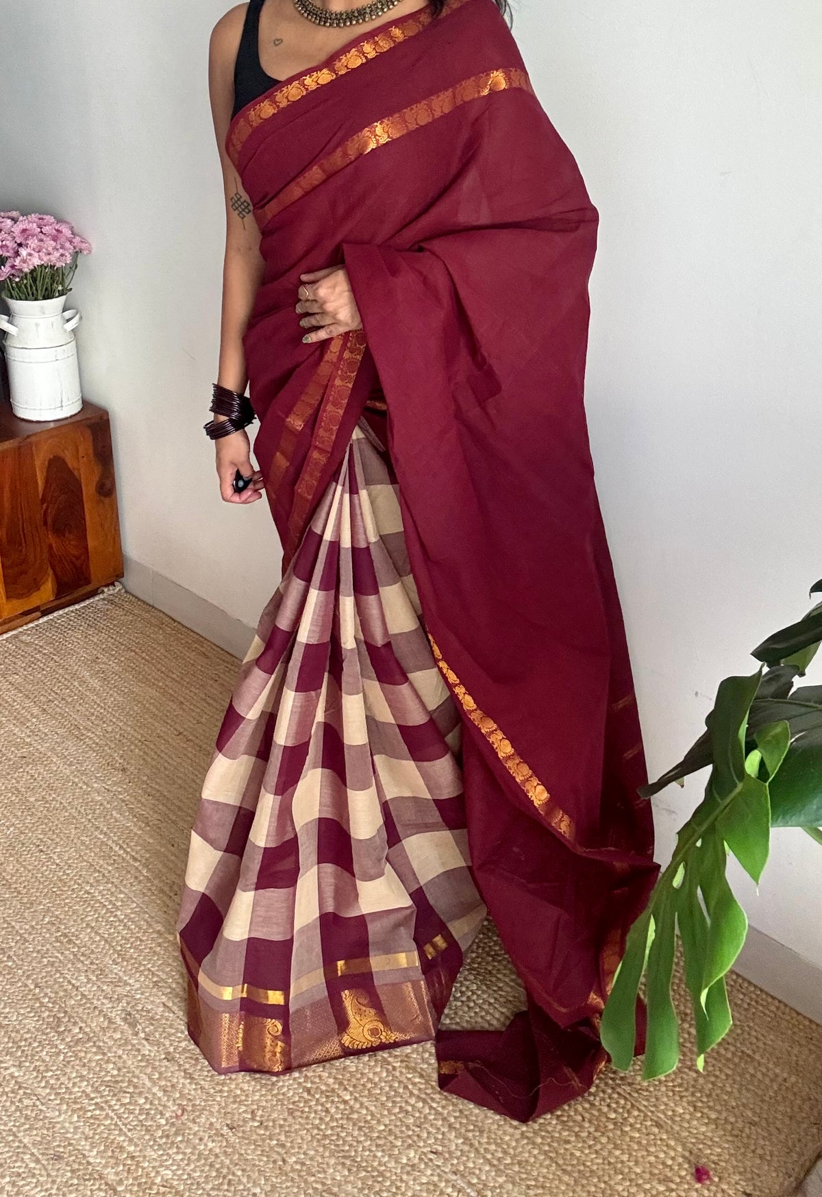 Maroon with multicoloured checks, cotton half and half saree - YCCOTNIDOC126