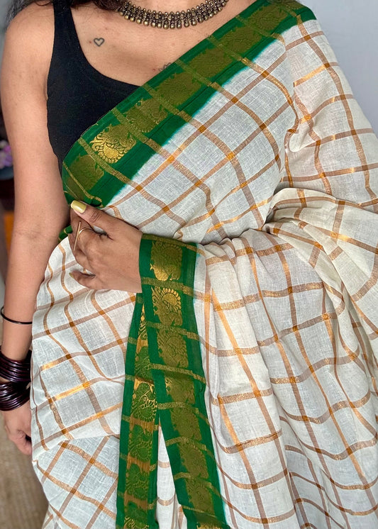 Cream with dark green pavithra kattam sungudi, madurai cotton - YCCOTNSUDE76