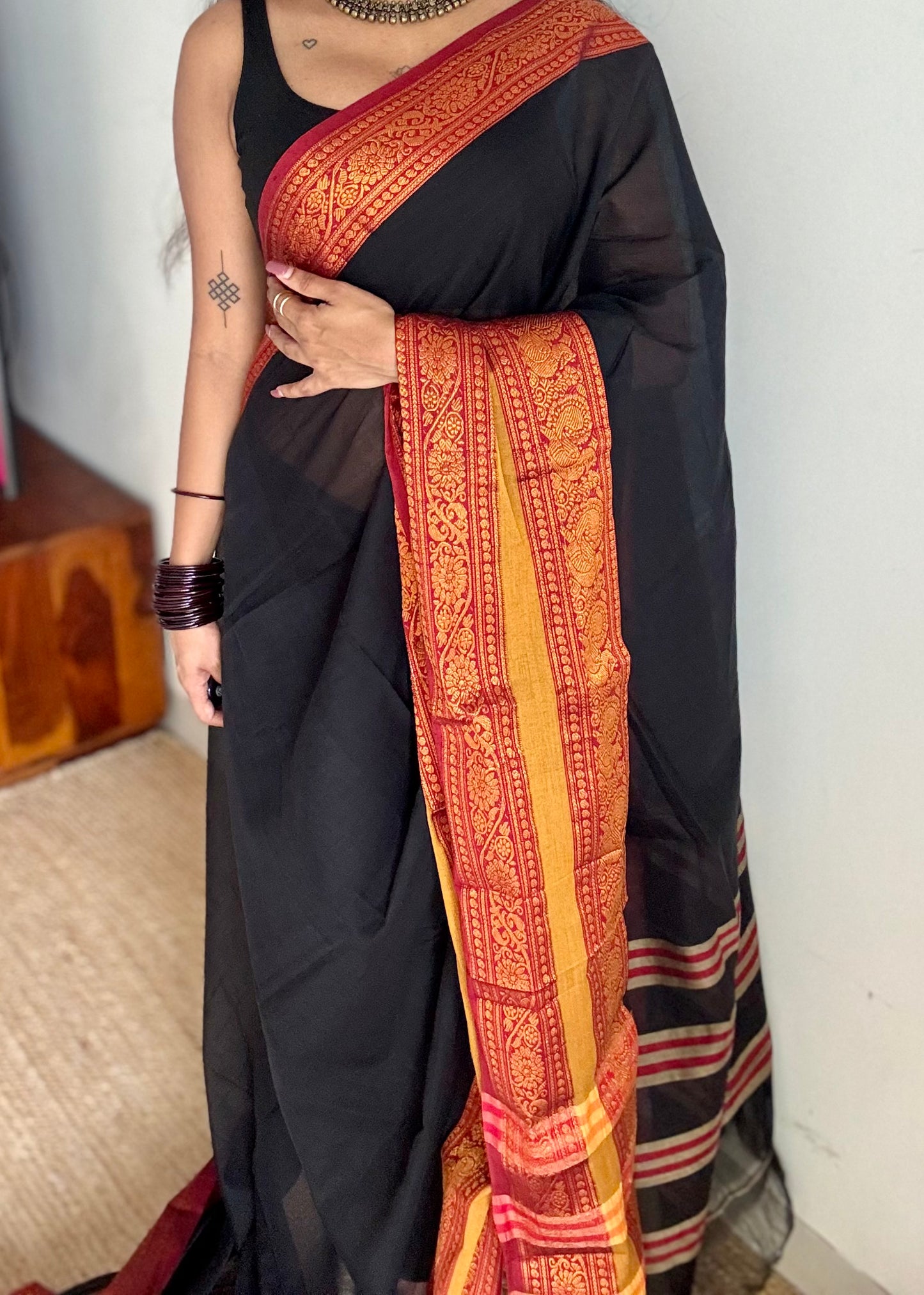 Black with red wide border, narayanpet soft cotton saree - YCWOTDAUG06