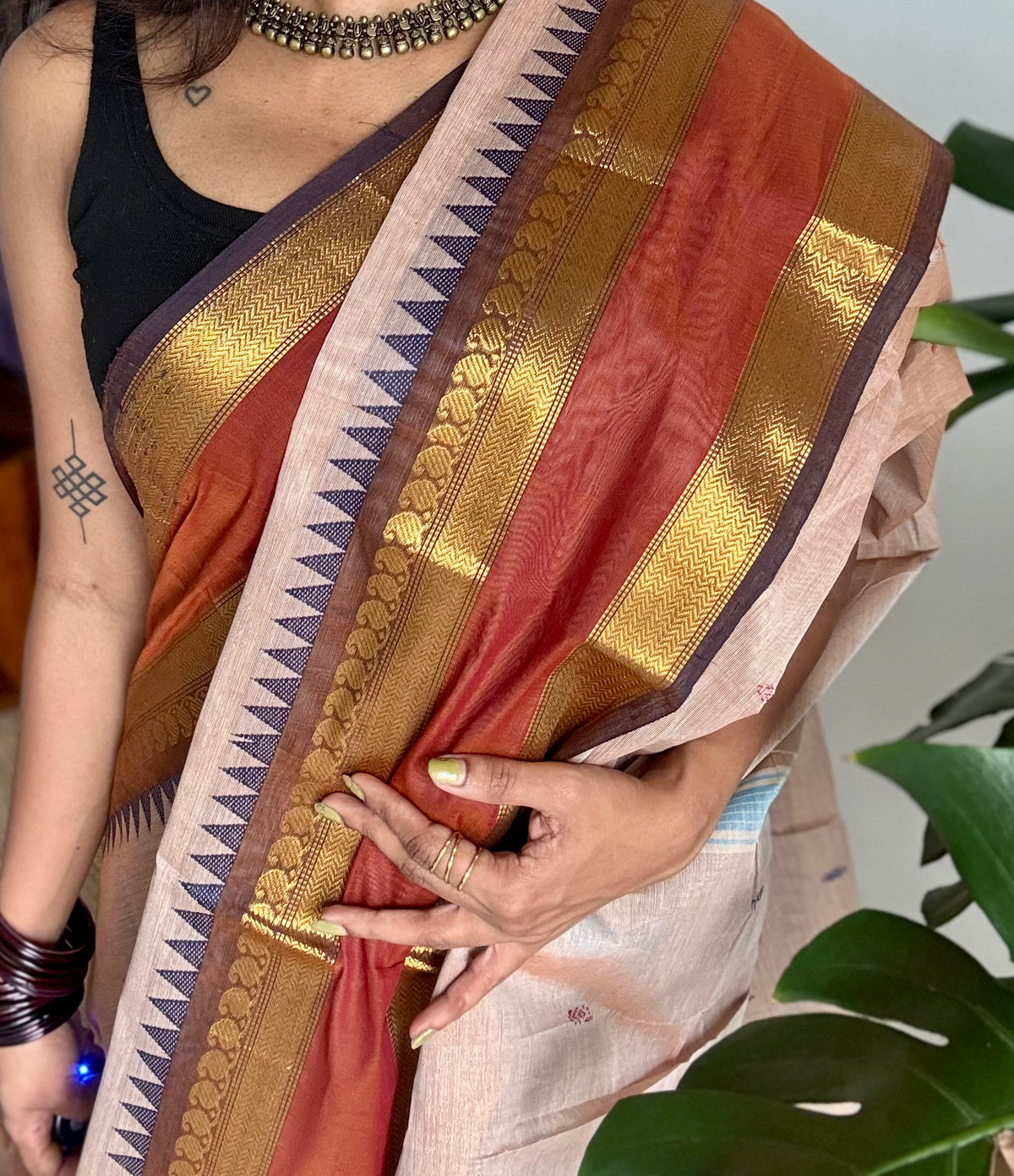 Beige with rust orange and brown zari border kanchi cotton saree - YCCOTNCKSE19