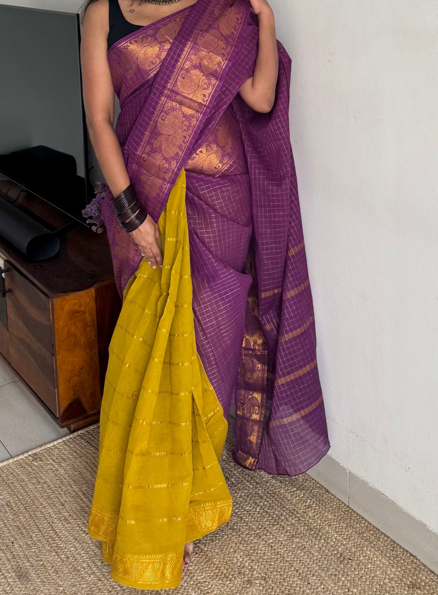 Purple with light green, sungudi cotton half-half saree - YCCOTNMSFE357