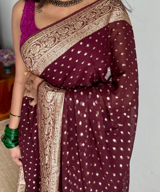 Brown viscose georgette saree with zari motifs - YCDOSFE207
