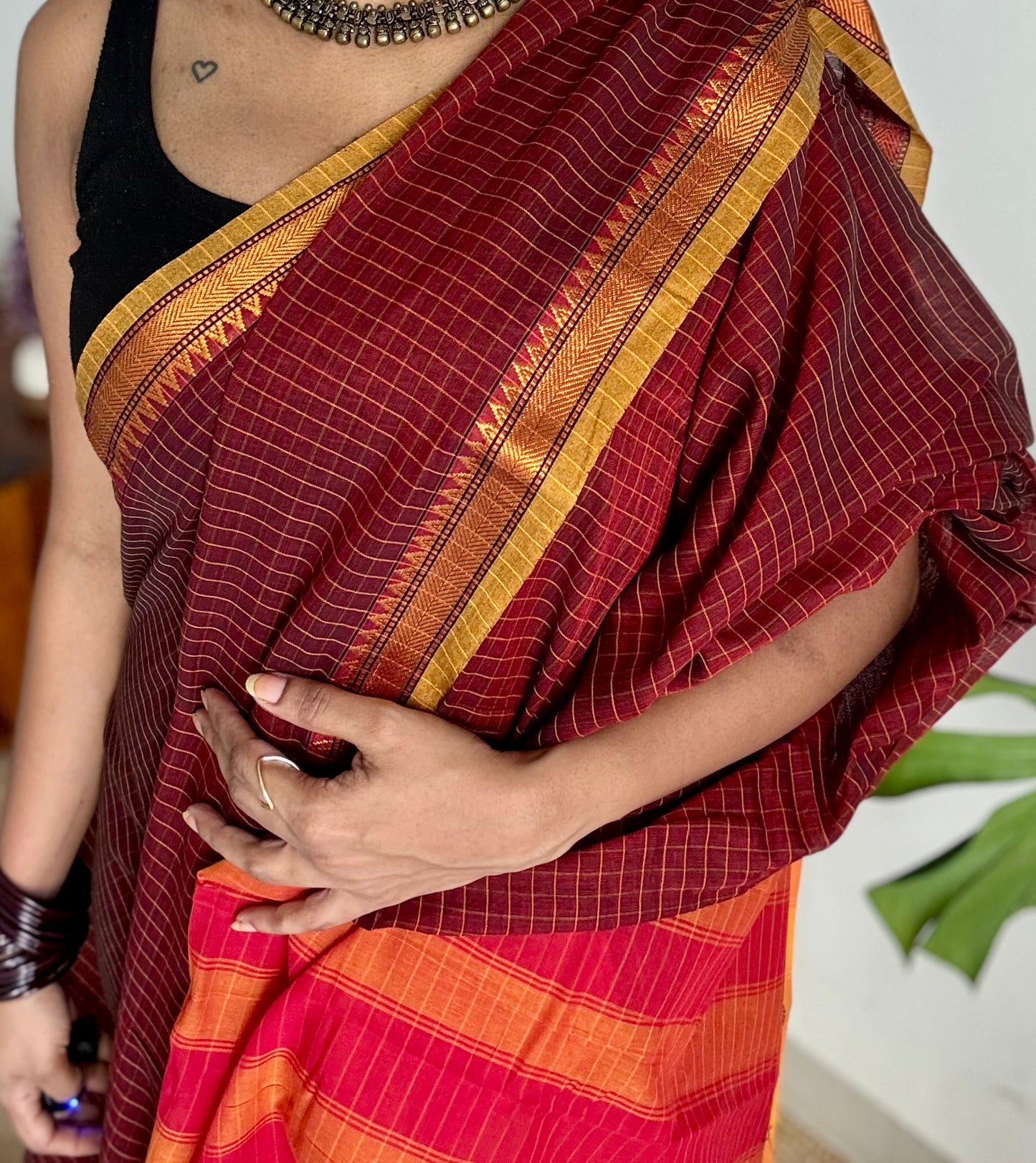 Deep maroon checks, cotton silk blend, premium narayanpet saree - YCWOTDMA322