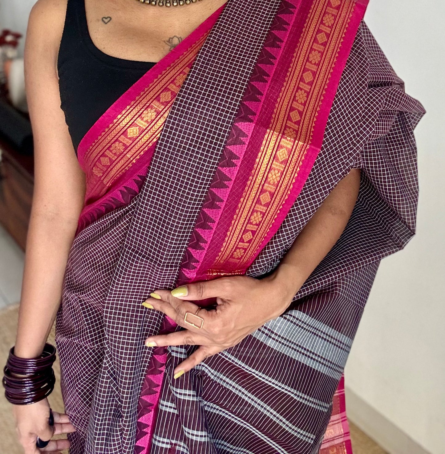 Dark brown with pink contrast, checkered kanchi cotton saree - YCCOTNJU18