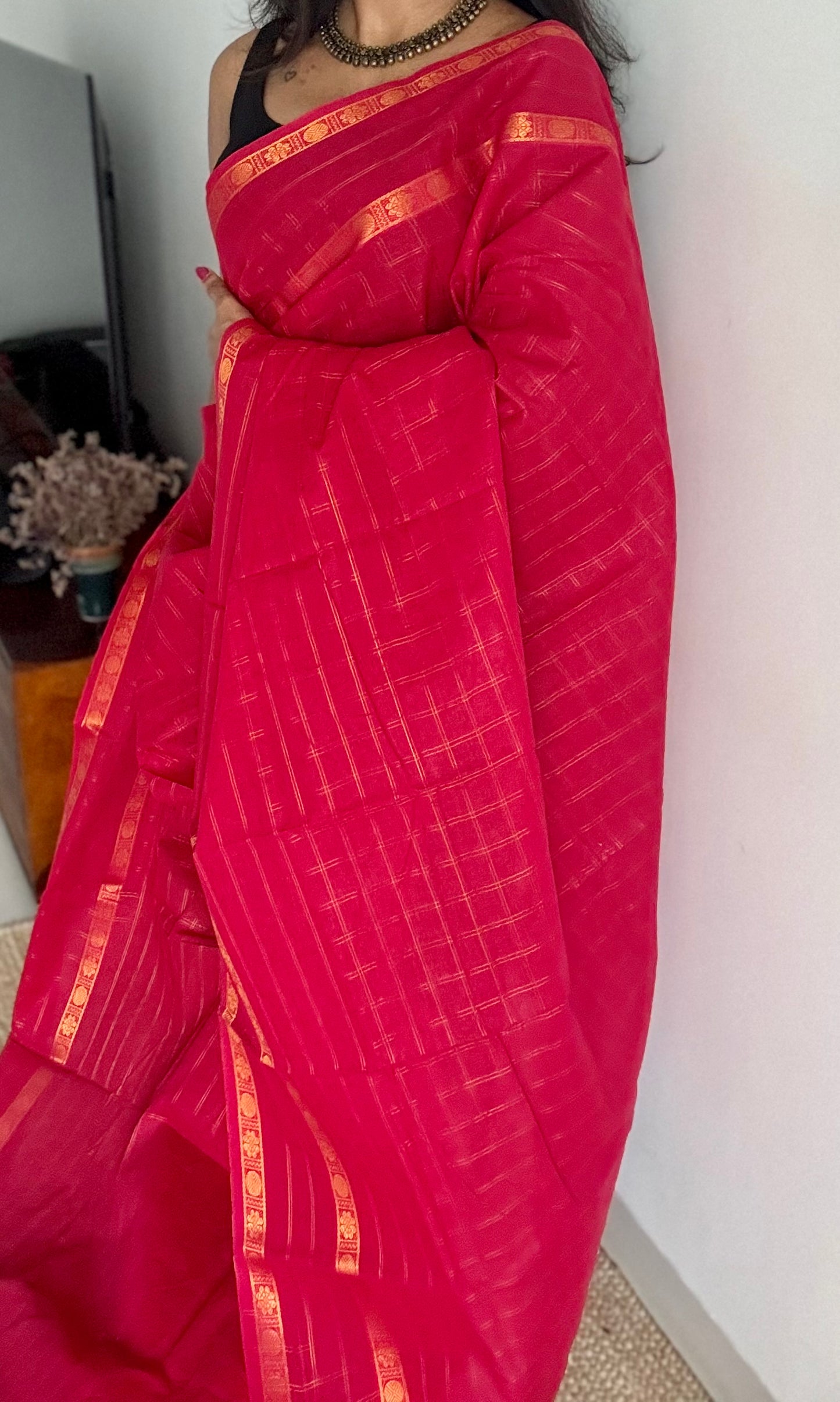 Pinkish red adayar gold zari kattam, sungudi cotton - YCCOTNOCSC45