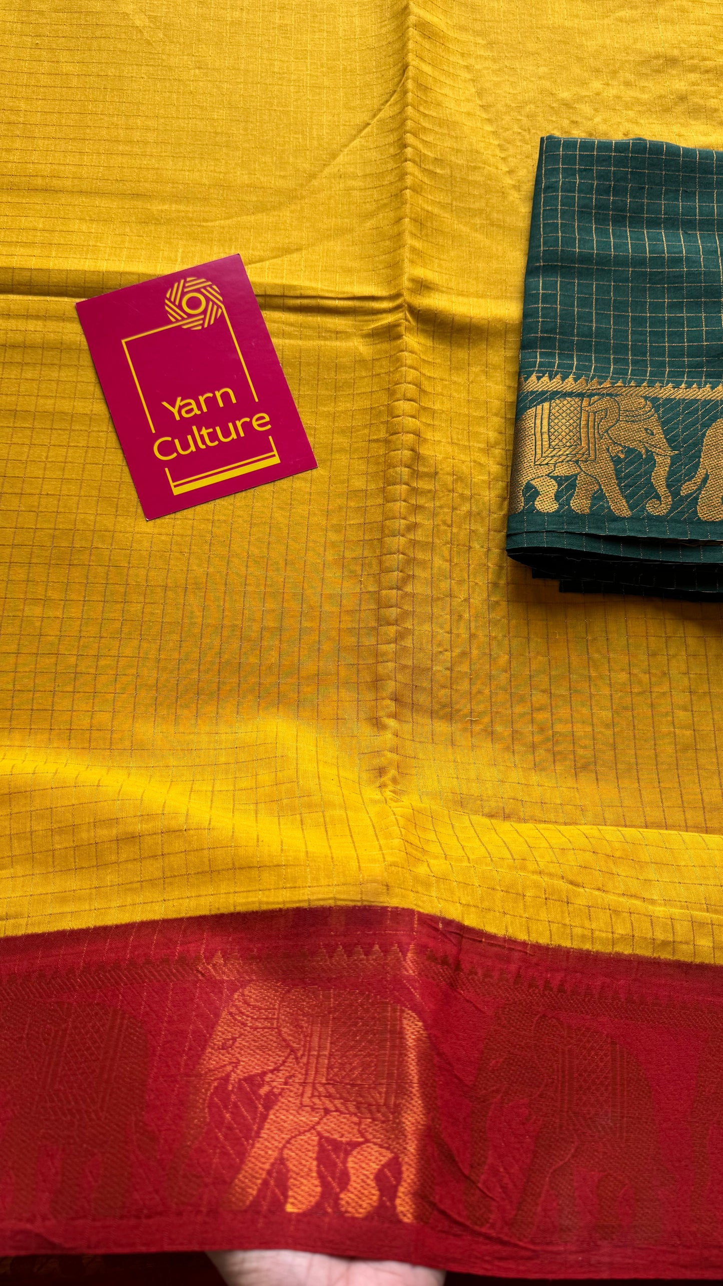 Sungudi cotton checks, yellow base, red and dark green border with elephant motifs, soft cotton - YCCOTNGJJA171
