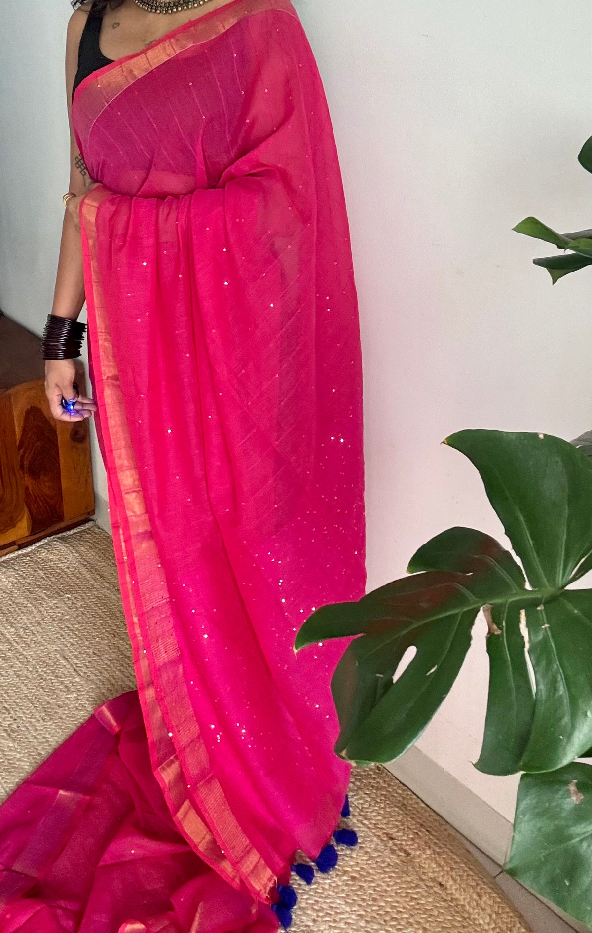 Hot pink mul cotton saree with sequins and zari border - YCBCMCSE34