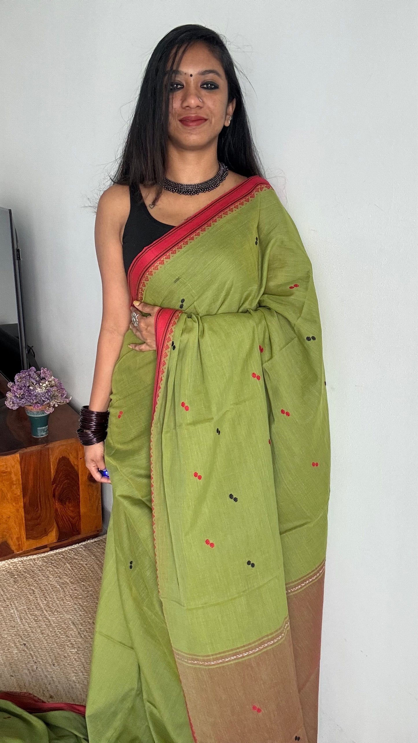 Dhonekhali handloom soft cotton saree,parrot green with red thread border, red and black woven buttas - YCBCDFE260