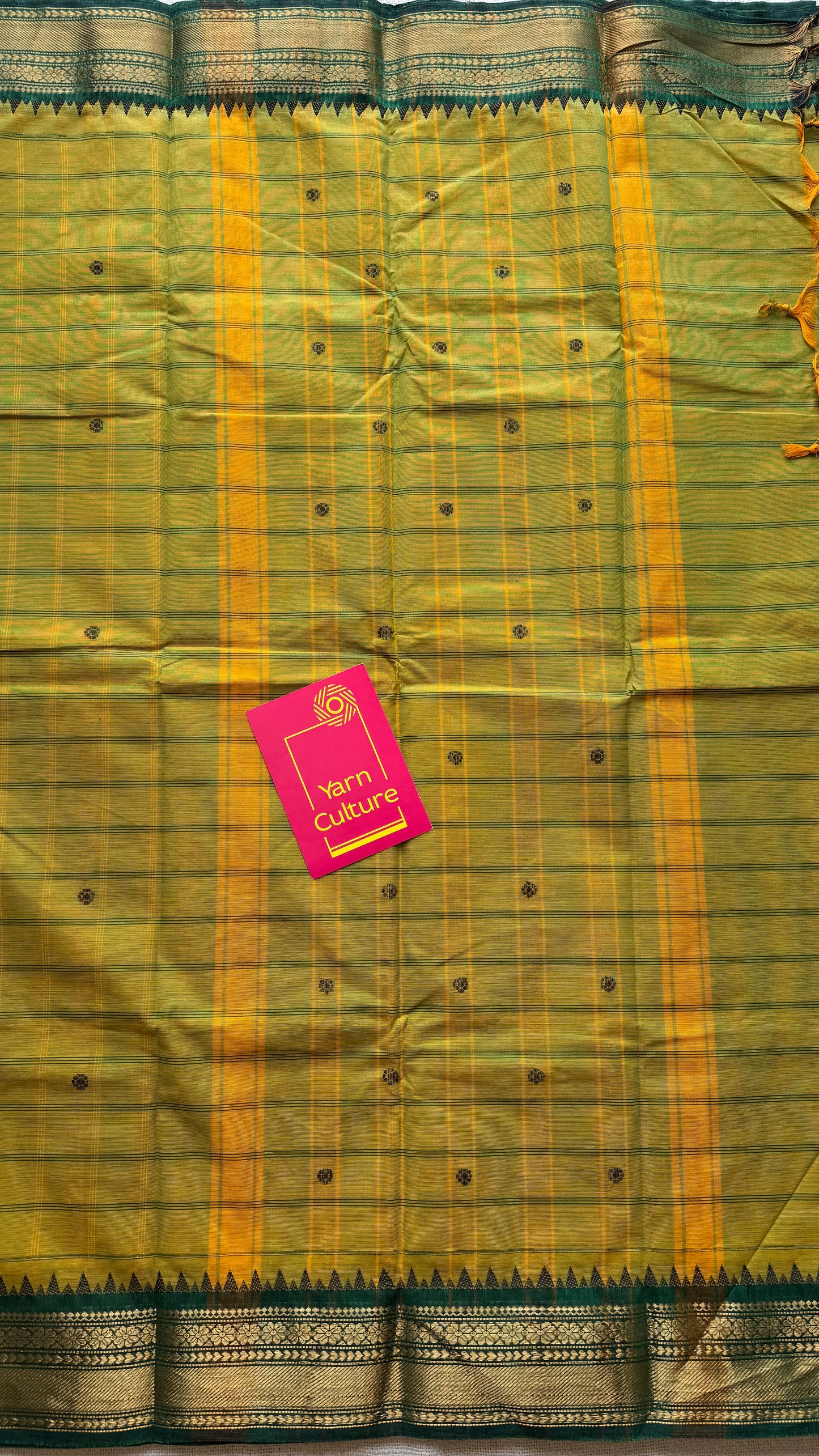Light green Kanchi cotton saree with striped checks, woven buttas and dark green zari border - YCCOTNCCFE160