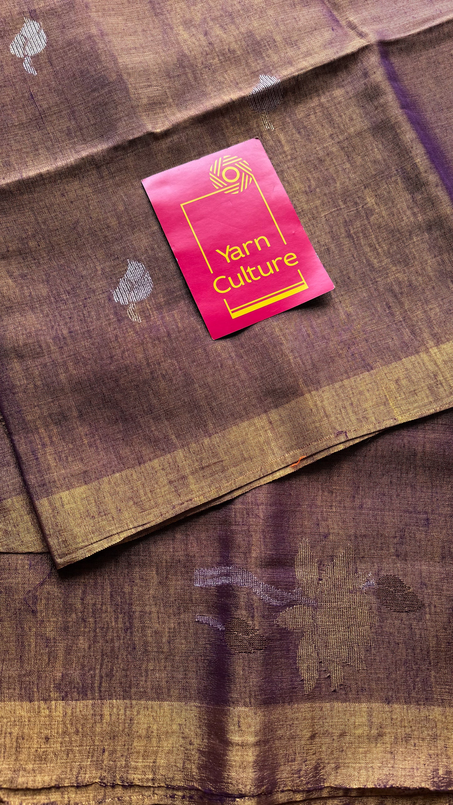 Handwoven purple gold dual tone tissue linen saree with lotus motifs - YCBCLTFE401