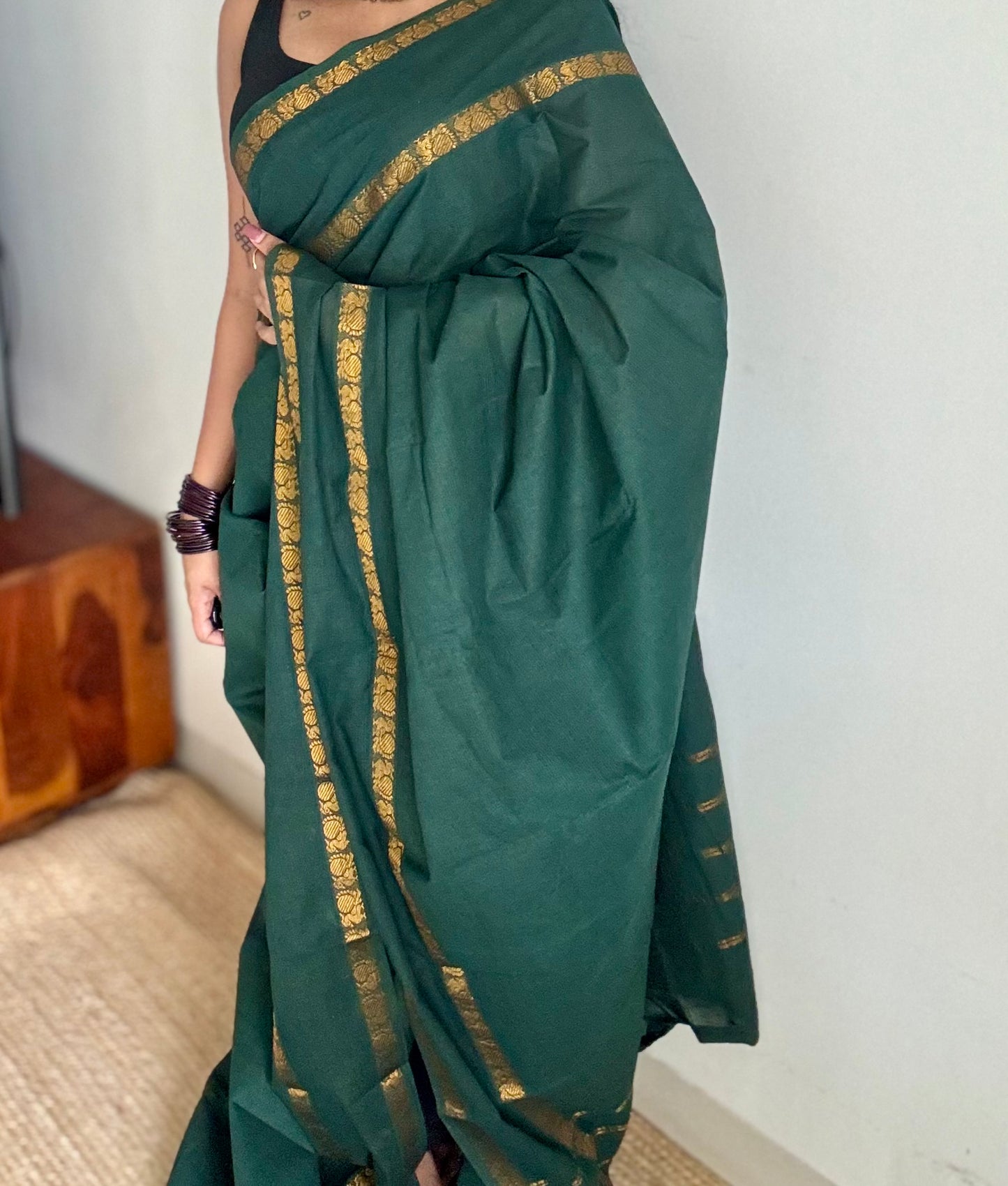 Dark green rettaipettu peacock gap border, kattuchayam dyed madurai cotton saree  - YCCOTNMSJUL02