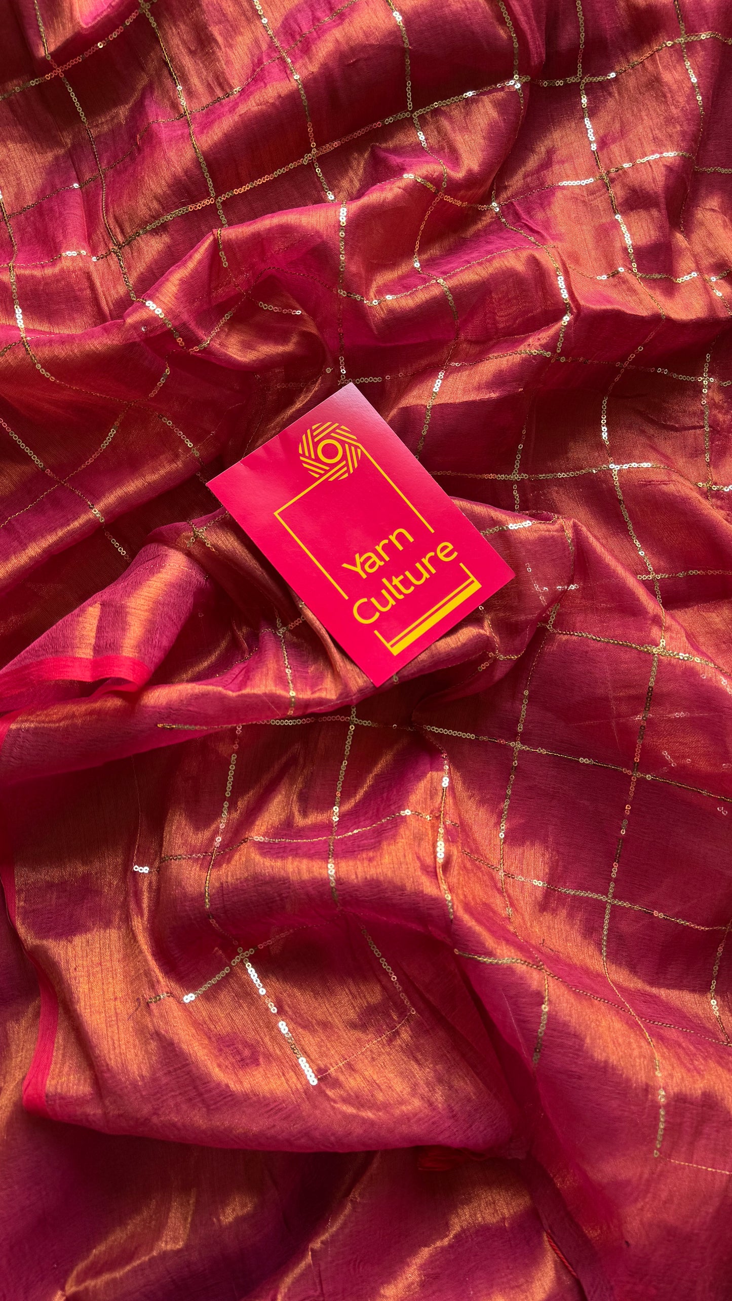 Rani pink, checkered sequins work, mul tissue - YCBCMCJA13