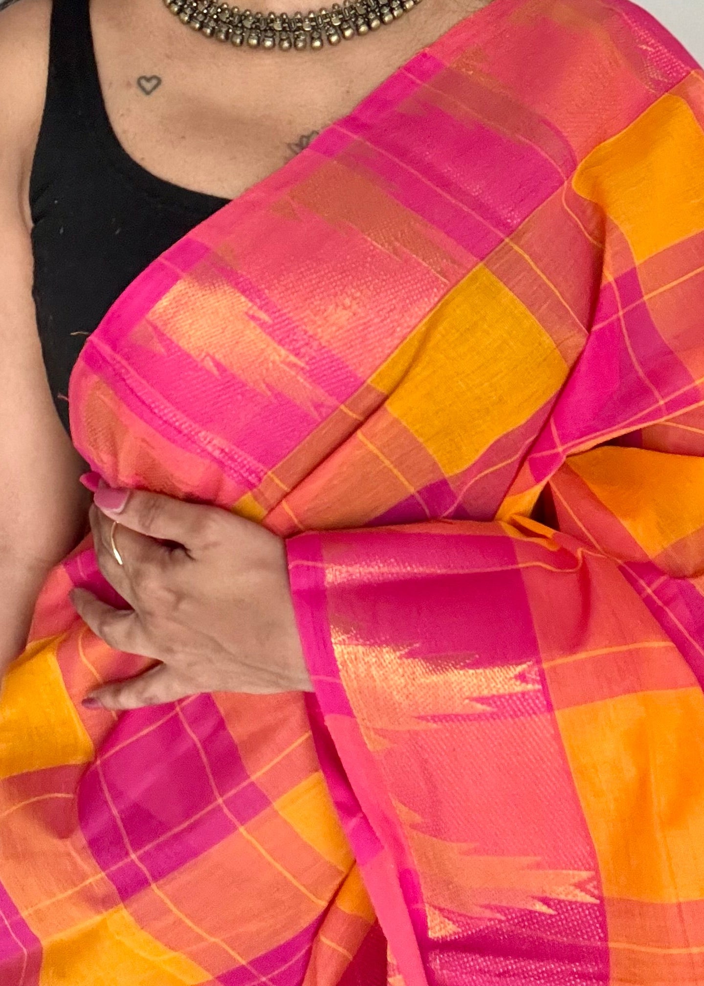 Chettinad cotton saree with yellow and pink checks, temple motif border - YCCOTNAP59