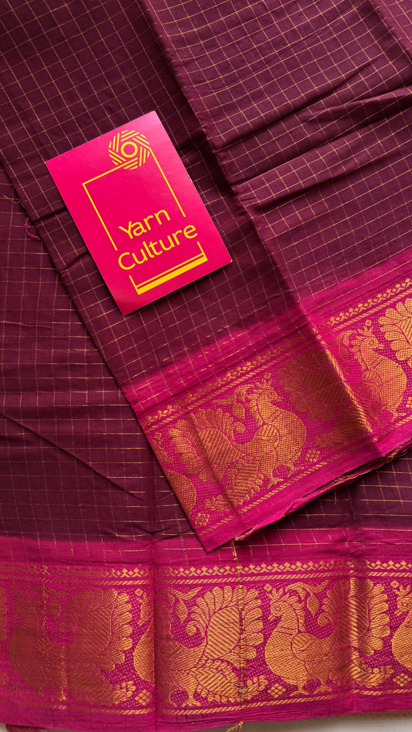 Maroon with hot pink contrast zari checkered sungudi, kattuchayam dyed madurai cotton - YCCOTNMSAP184