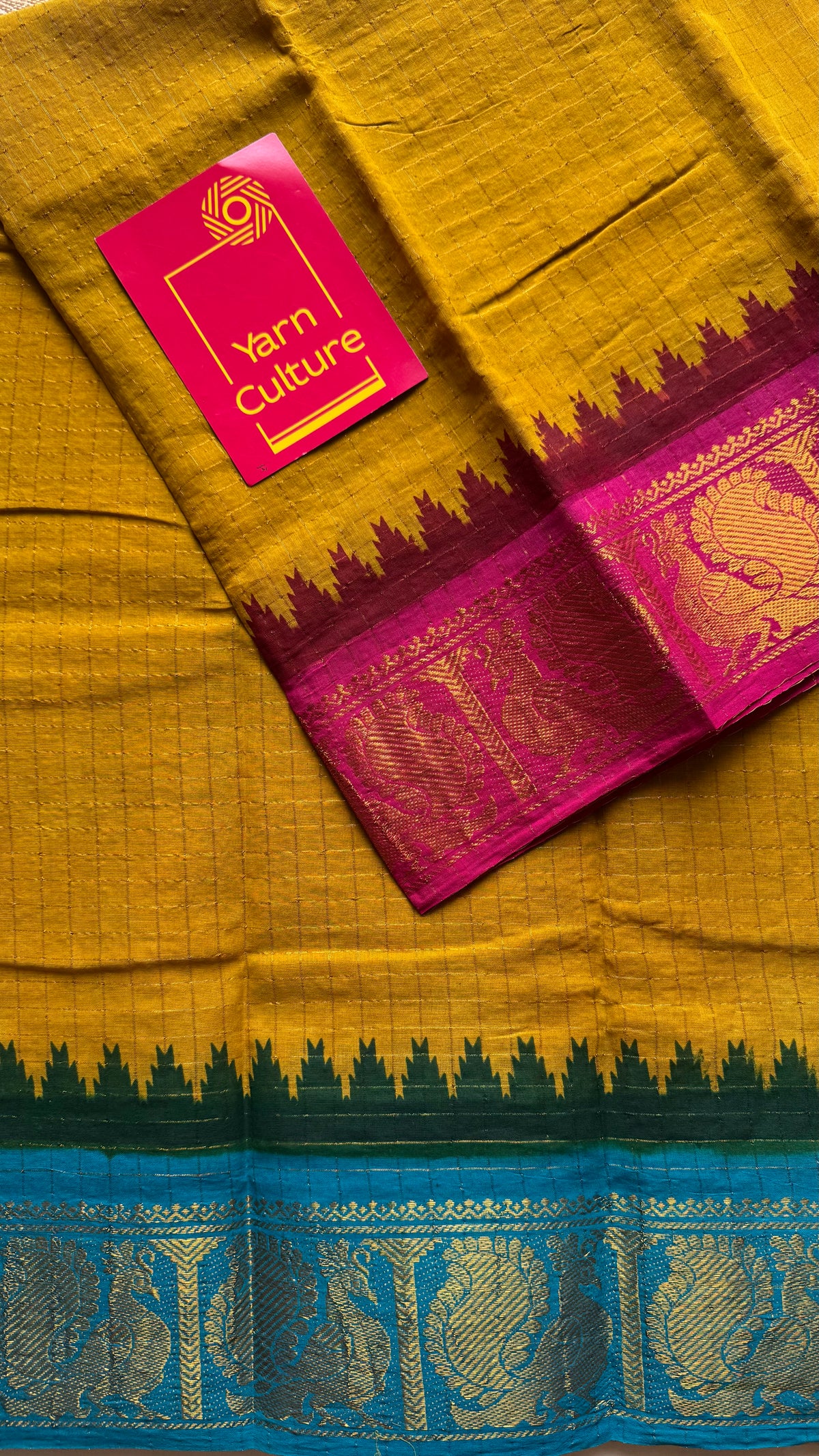 Sungudi cotton checks, mustard yellow base, blue and hot pink dual tone border, soft cotton - YCCOTNMSSE10