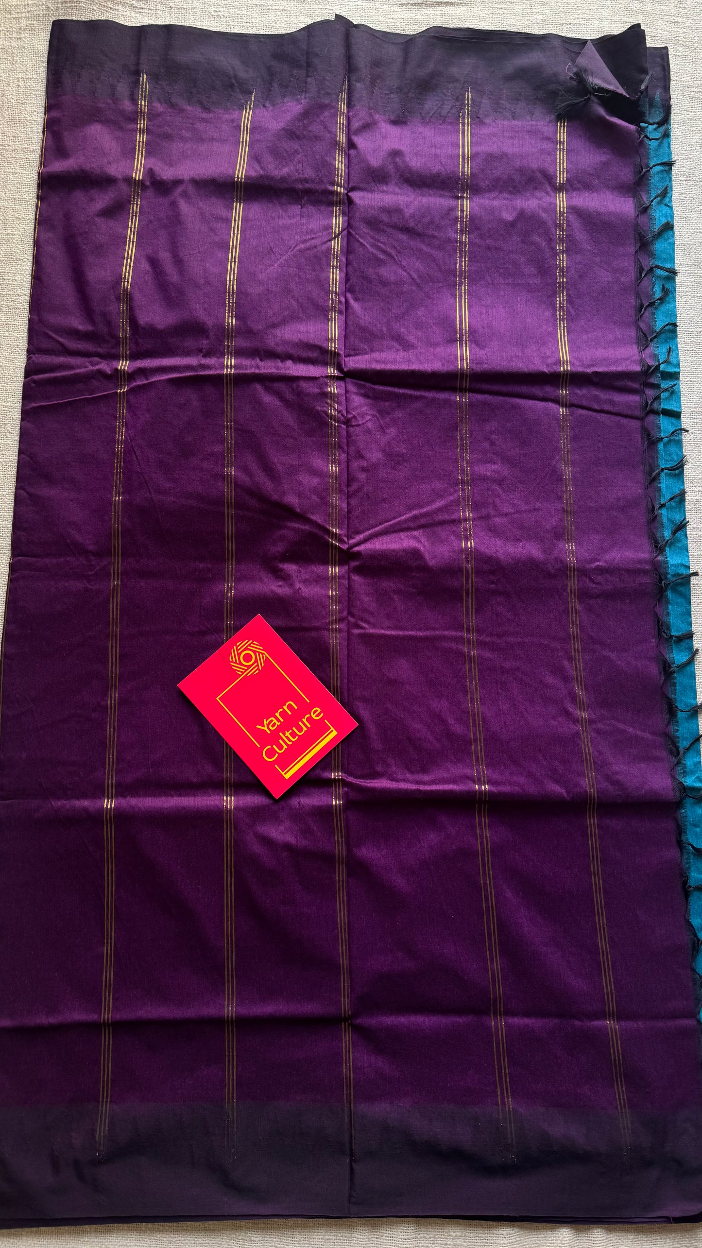 Blue with wine contrast, temple border saree, cotton silk - YCCOTNTBFE58