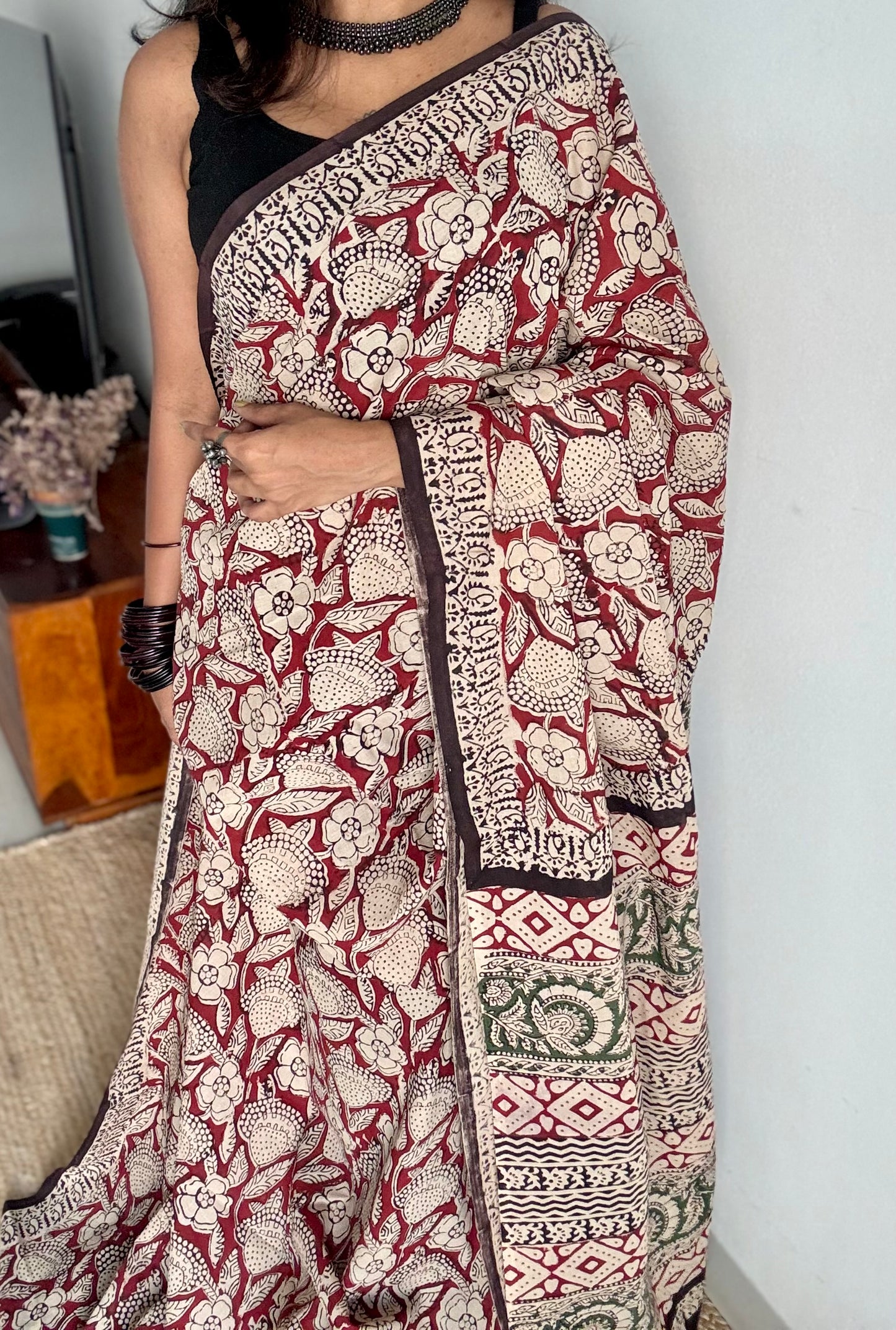 Kesar - a warm red with floral motifs, block print, soft cotton - YCWOTDNOBP90