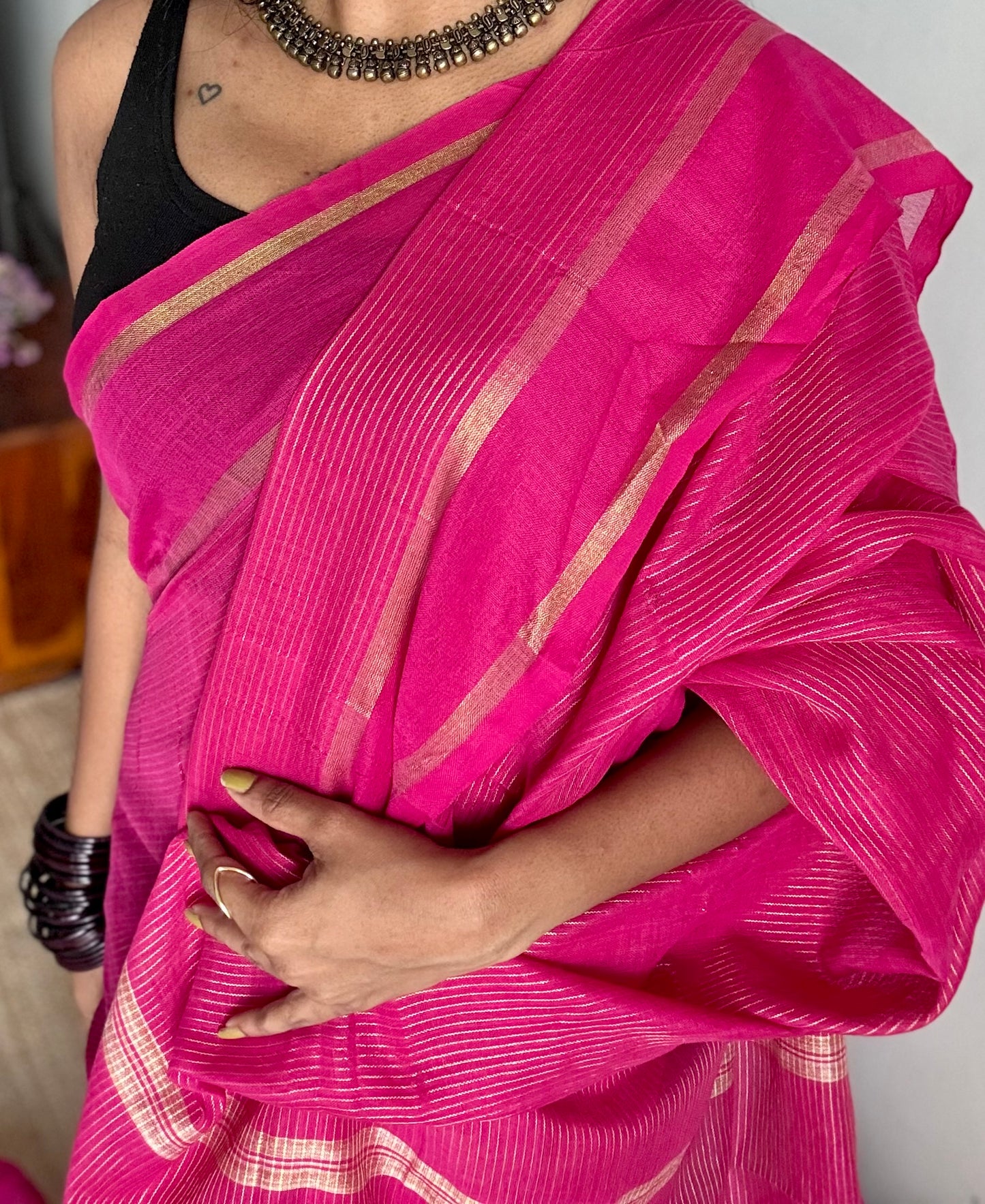 Hot pink, gap border, gold zari stripes, soft cotton - YCBCKCZDE124