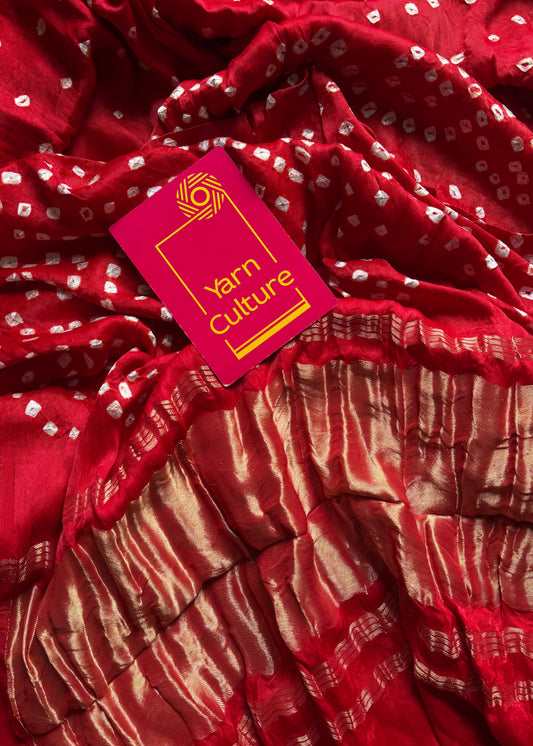 Red crushed bandhani modal silk with lagdi patta (zari pallu)  - YCDESE28