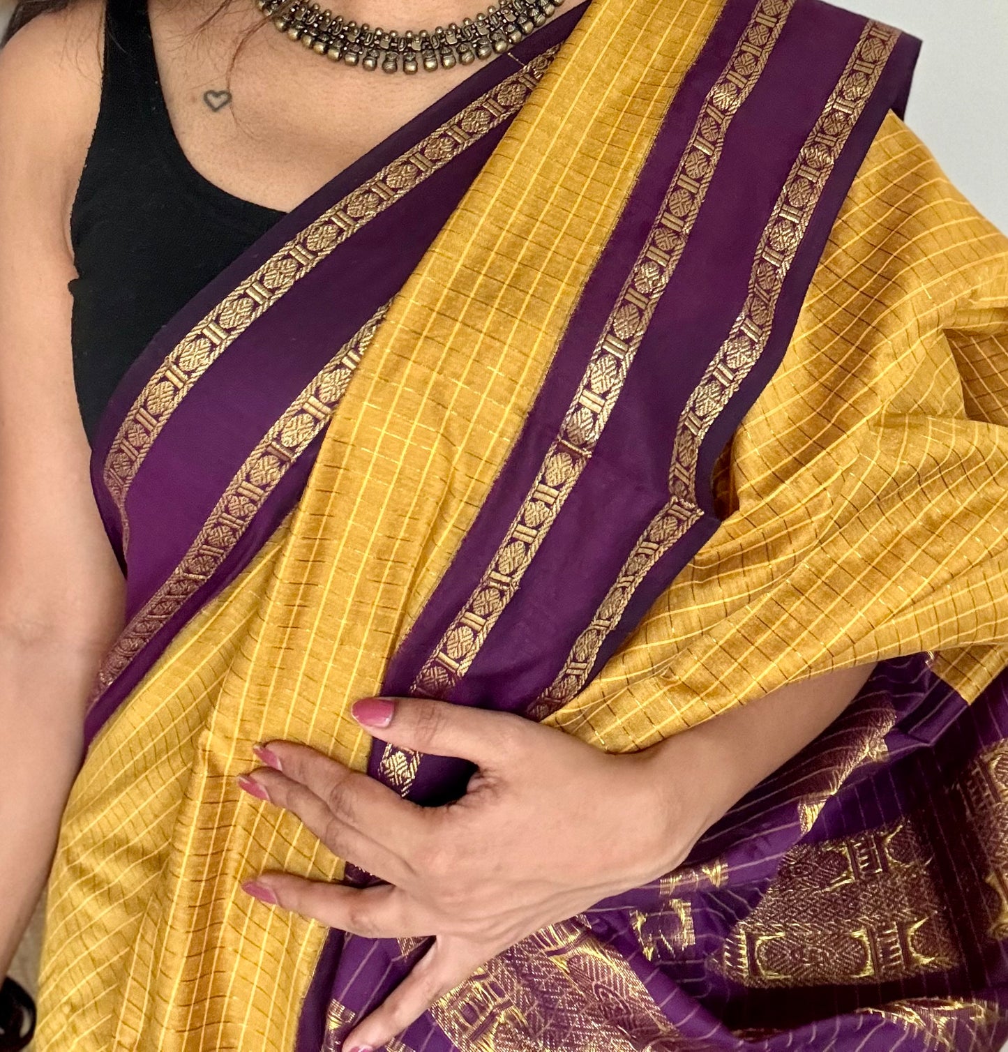 Yellow with wine contrast arani checkered saree, cotton silk - YCCOTNMA278
