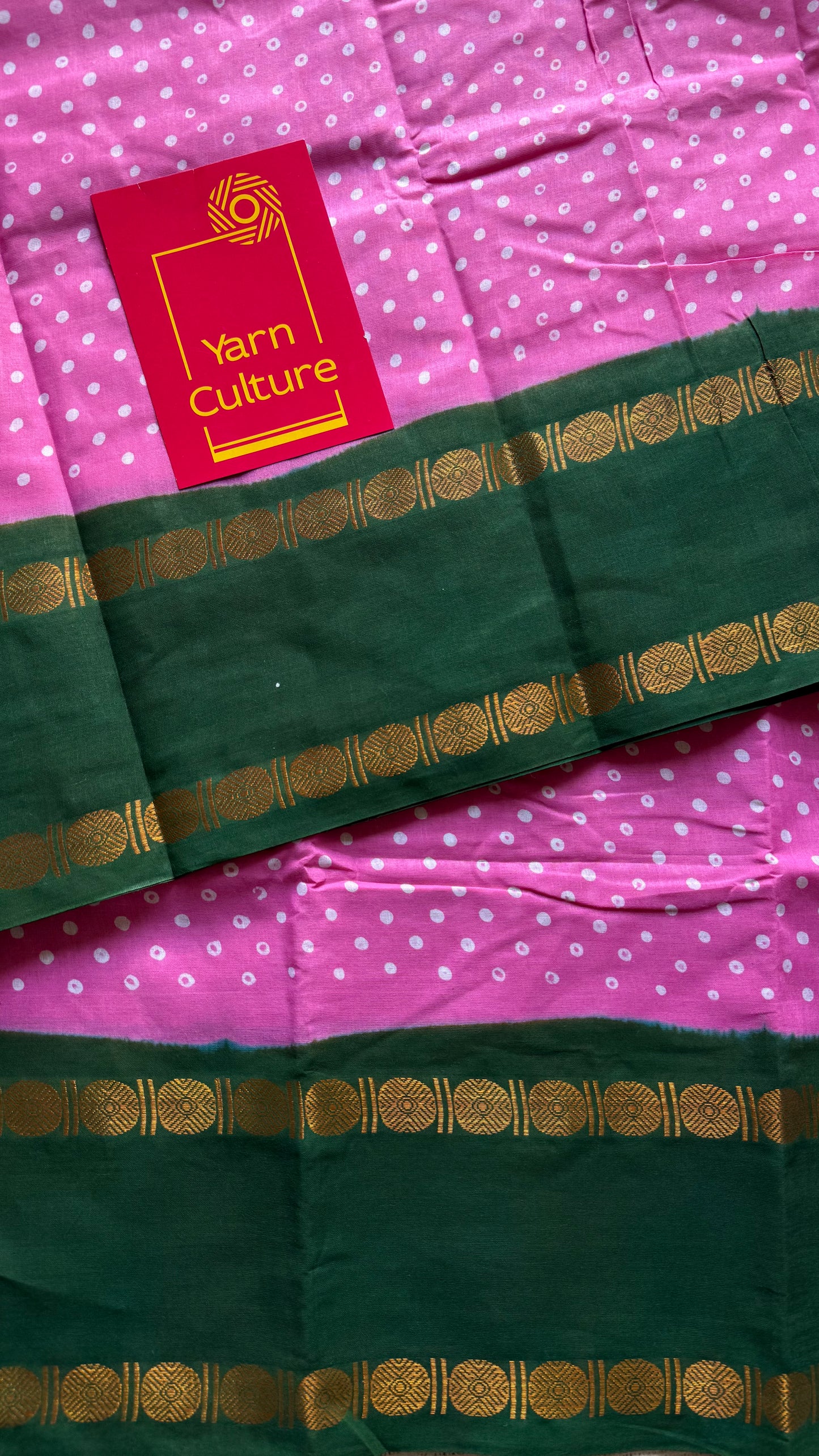 Baby pink with green printed sungudi, madurai cotton - YCCOTNSUDE102