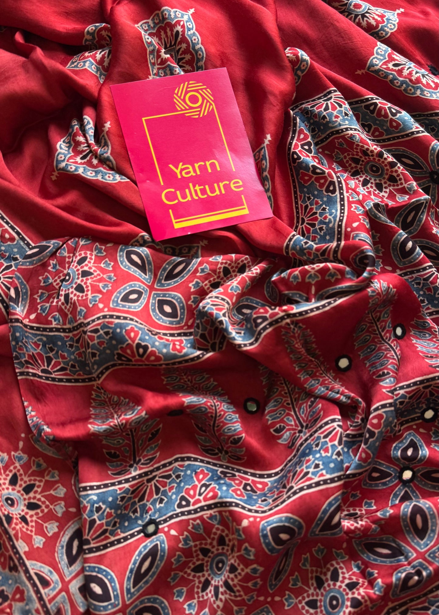 Red pure modal silk saree with ajrakh handblock print and mirror work - YCTOKAJM338