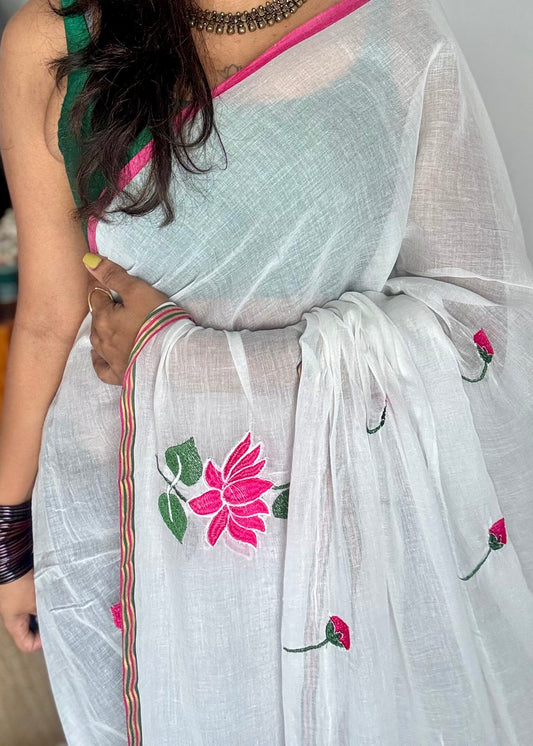 White mul with pink lotus embroidery and coloured zari - YCBCMCNO63